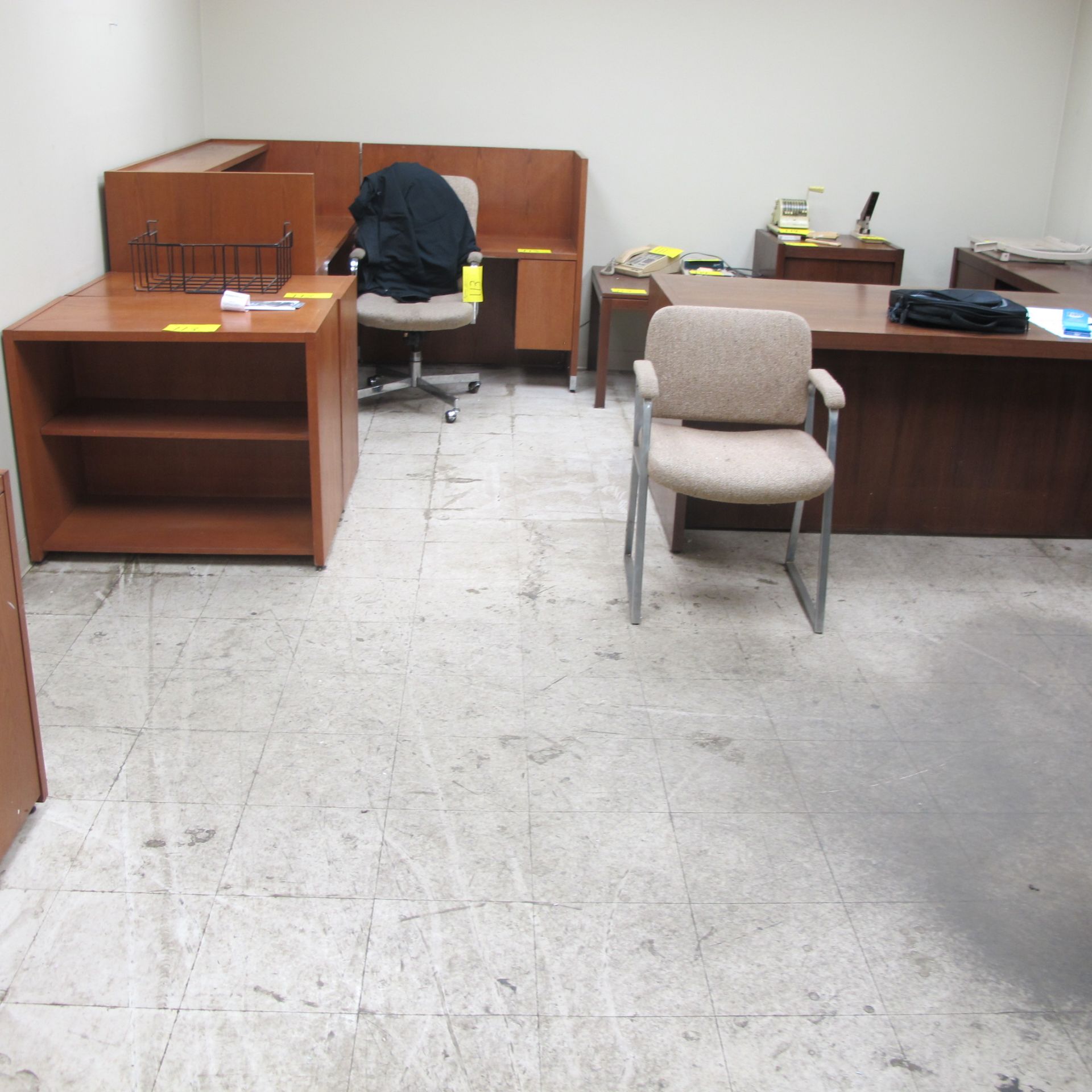 LOT OF OFFICE FURNITURE INCLUDING 2 L SHAPED DESKS, 2 COMPUTER DESKS, 4 CABINETS AND 2 CHAIRS