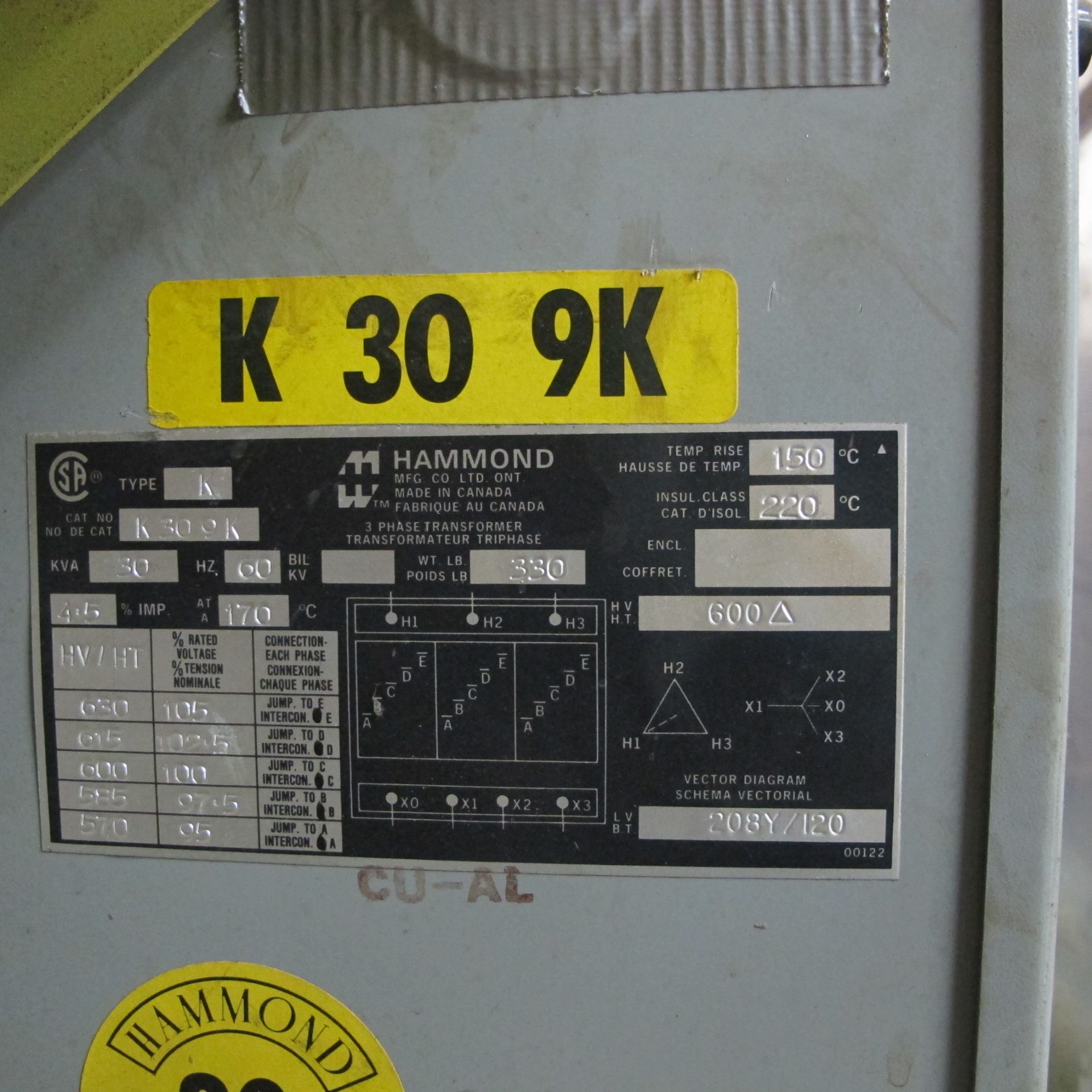 HAMMOND K30K9 TRANSFORMER, 600V - 208V 3 PHASE - Image 2 of 2