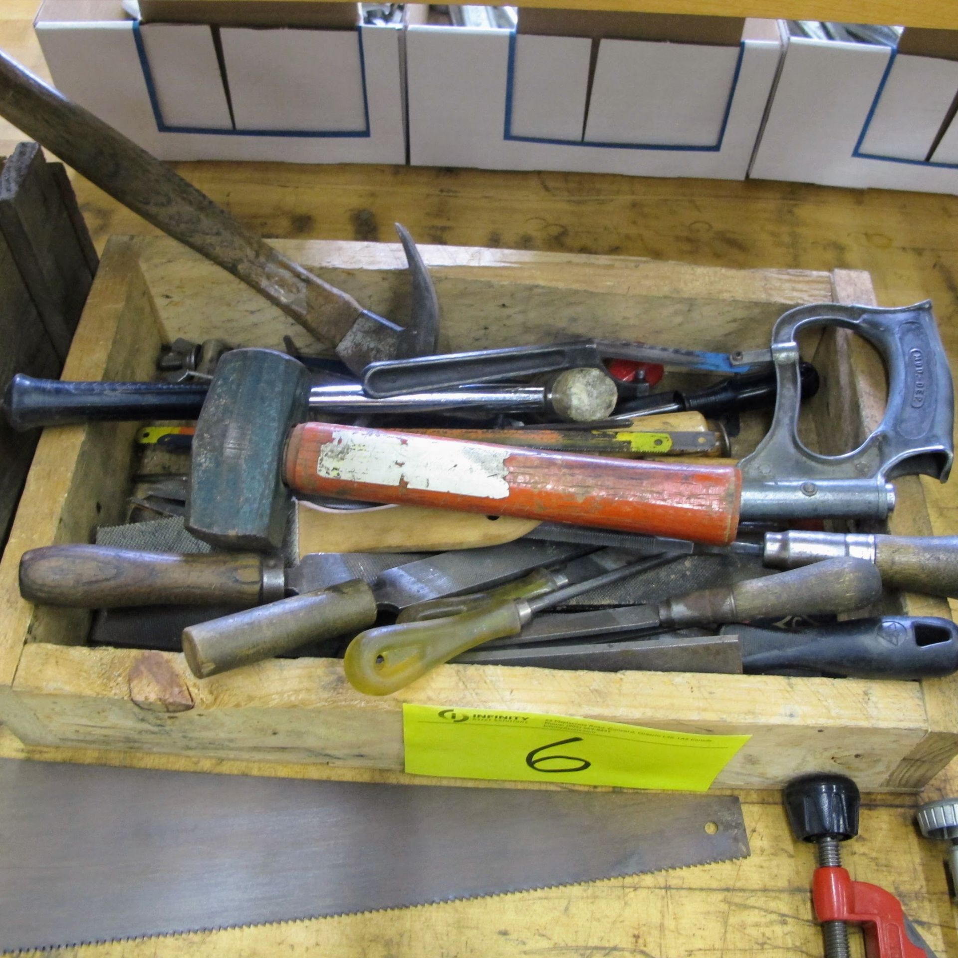 LOT OF 3 WOOD CRATES W/HAND TOOLS, PIPE CUTTERS, SAWS, PIPE WRENCH, HAMMERS, FILES, DRIVERS, ETC - Image 3 of 4