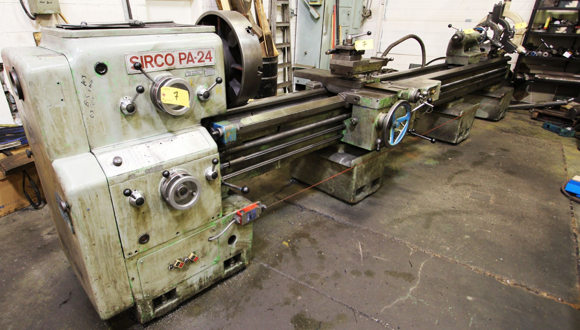 SIRCO PA-24 Engine Lathe, 24” x 144”, 3.5” Spindle Bore, Tailstock, (3) Steady Rests, 4-Jaw Chuck,