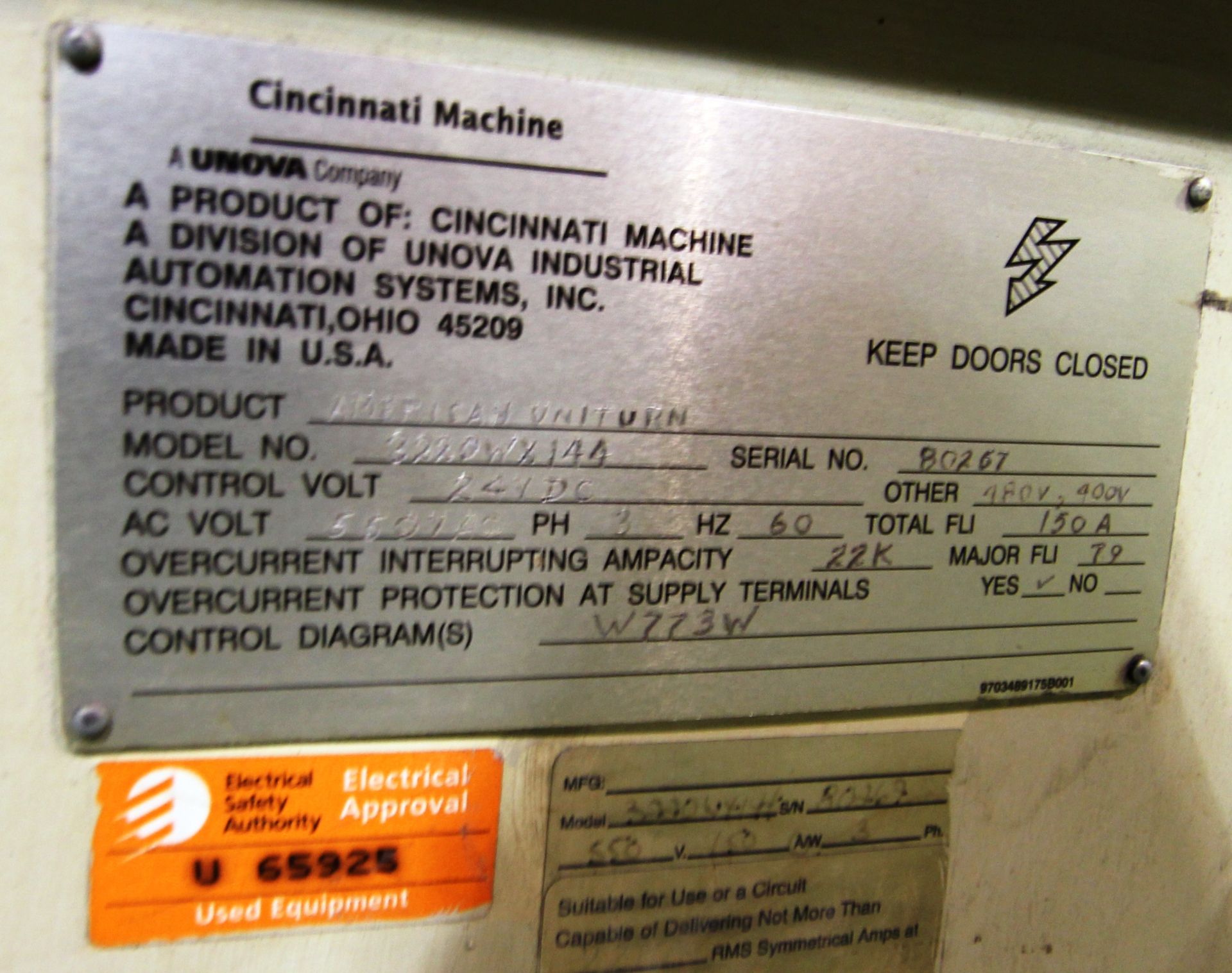 AMERICAN UNITURN 3220WX144 CNC Lathe, Siemens Control (Retrofit 2002), 24VDC Control Bolt, 3/60/ - Image 28 of 35