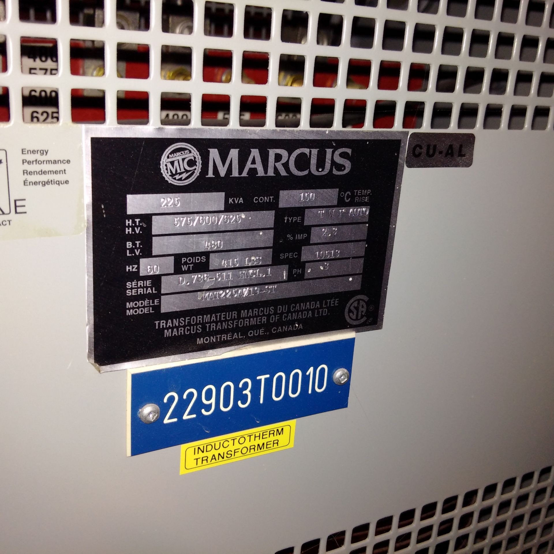 MARCUS TRANSFORMER, 225 KVA; Hz 60; Phases 3 - Image 3 of 3