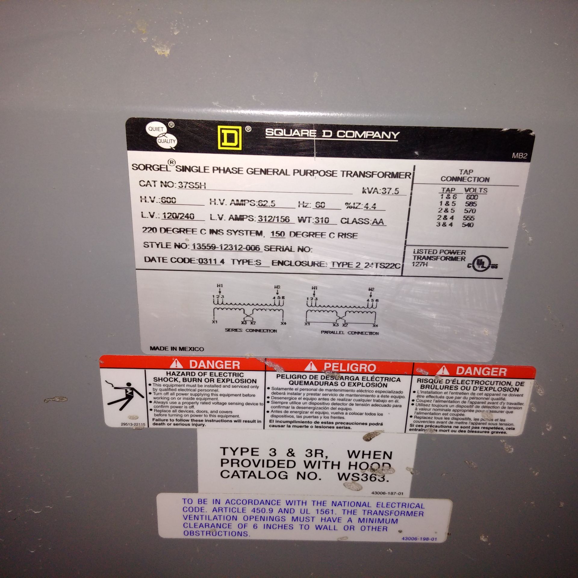 SQUARE D TRANSFORMER, HV 600; Hz 60; Amps 62.5; KVA 37.5 - Image 3 of 3