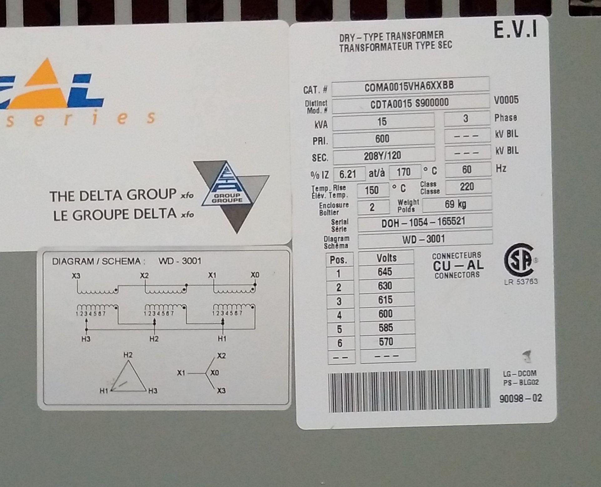 DELTA 15KVA transformer, KVA 15; 3 Phases, 60 Hz; PRI 600 - Image 2 of 3