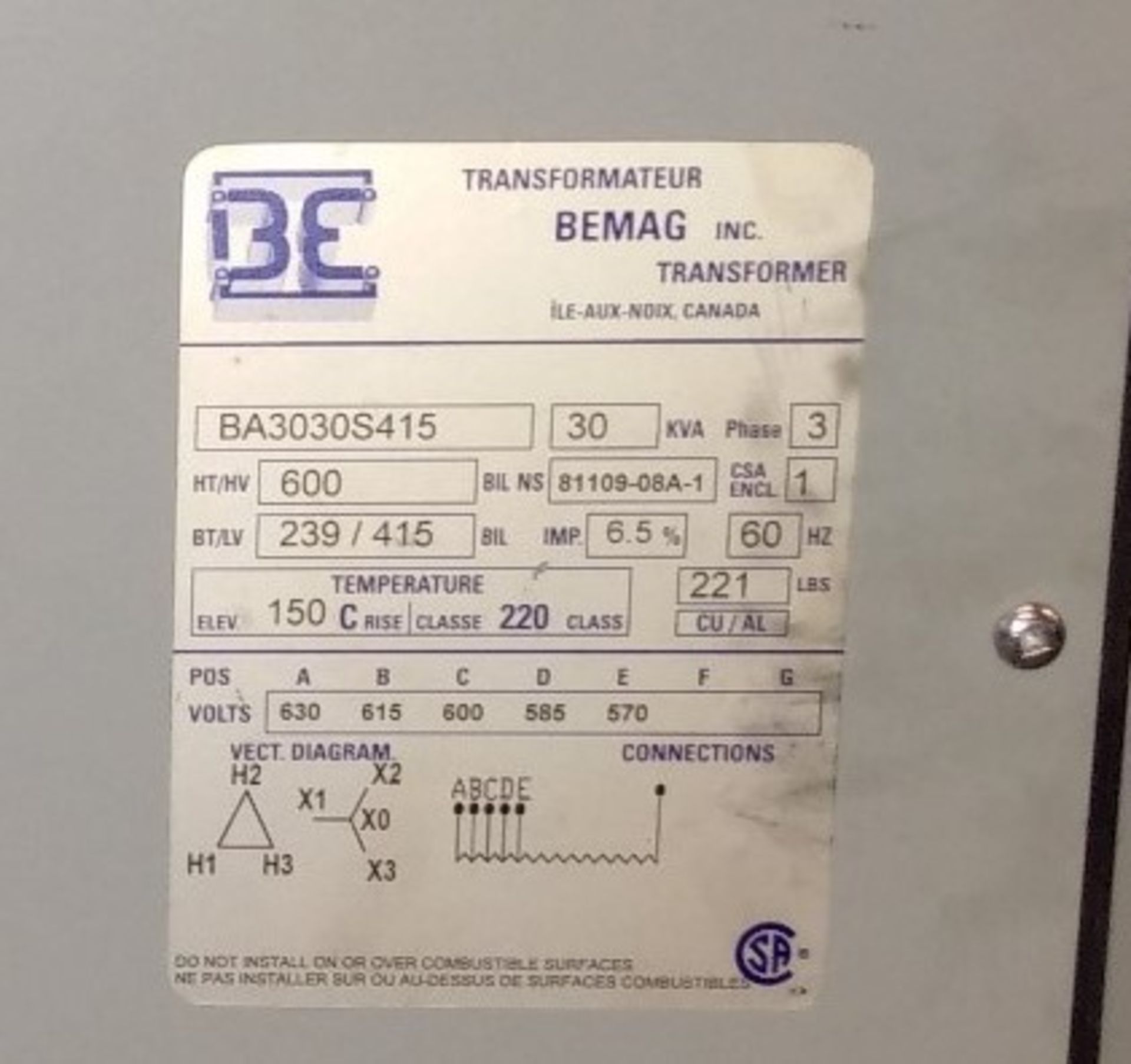 BEMAG Power Transformer; 30KVA, 3 Phases, 60Hz. PAID $1,200 - Image 2 of 2