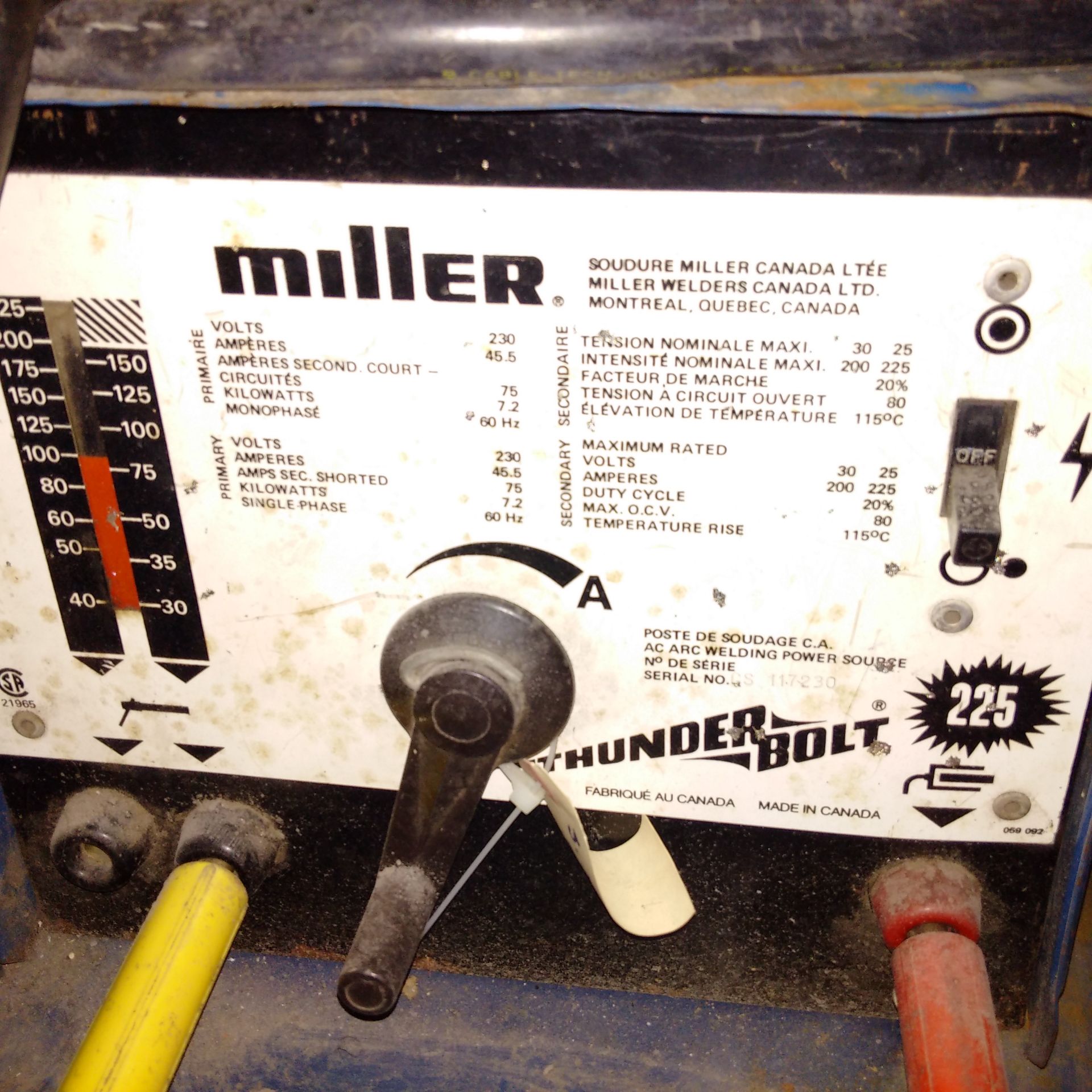 MILLER THUNDERBOLT 225 WELDER V230; Amps 45.5; KW 7.2; Monophase 60 Hz with portable cart - Image 3 of 3