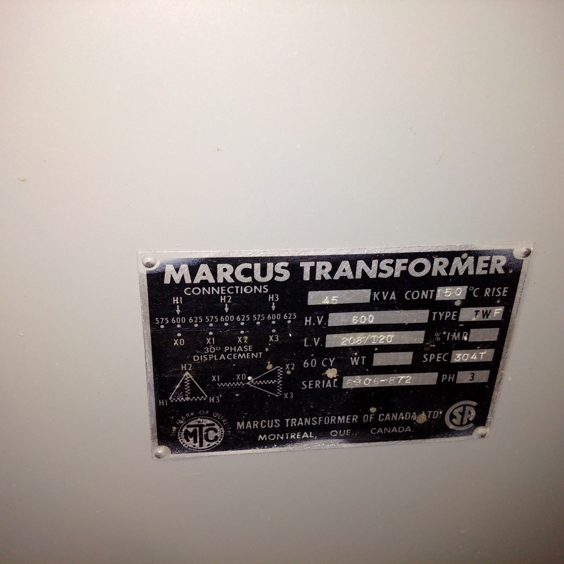 MARCUS TRANSFORMER, 45 KVA; 600 H.V.; Phases 3 - Image 3 of 3