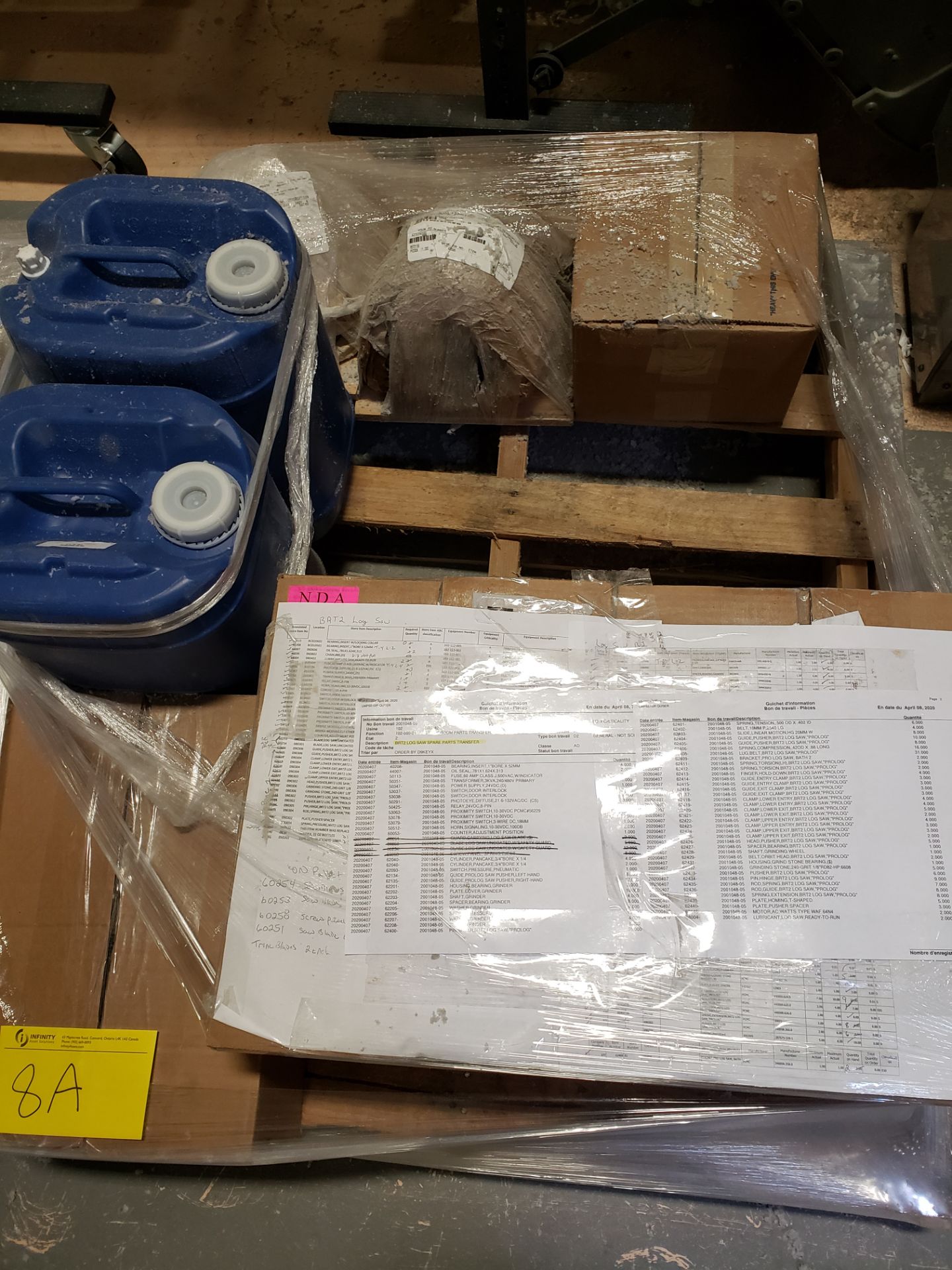 PALLET OF SPARE PARTS FOR PCMC LOG SAW PROLOG LT, CLAMPS, BELTS (B2 LOG SAW)