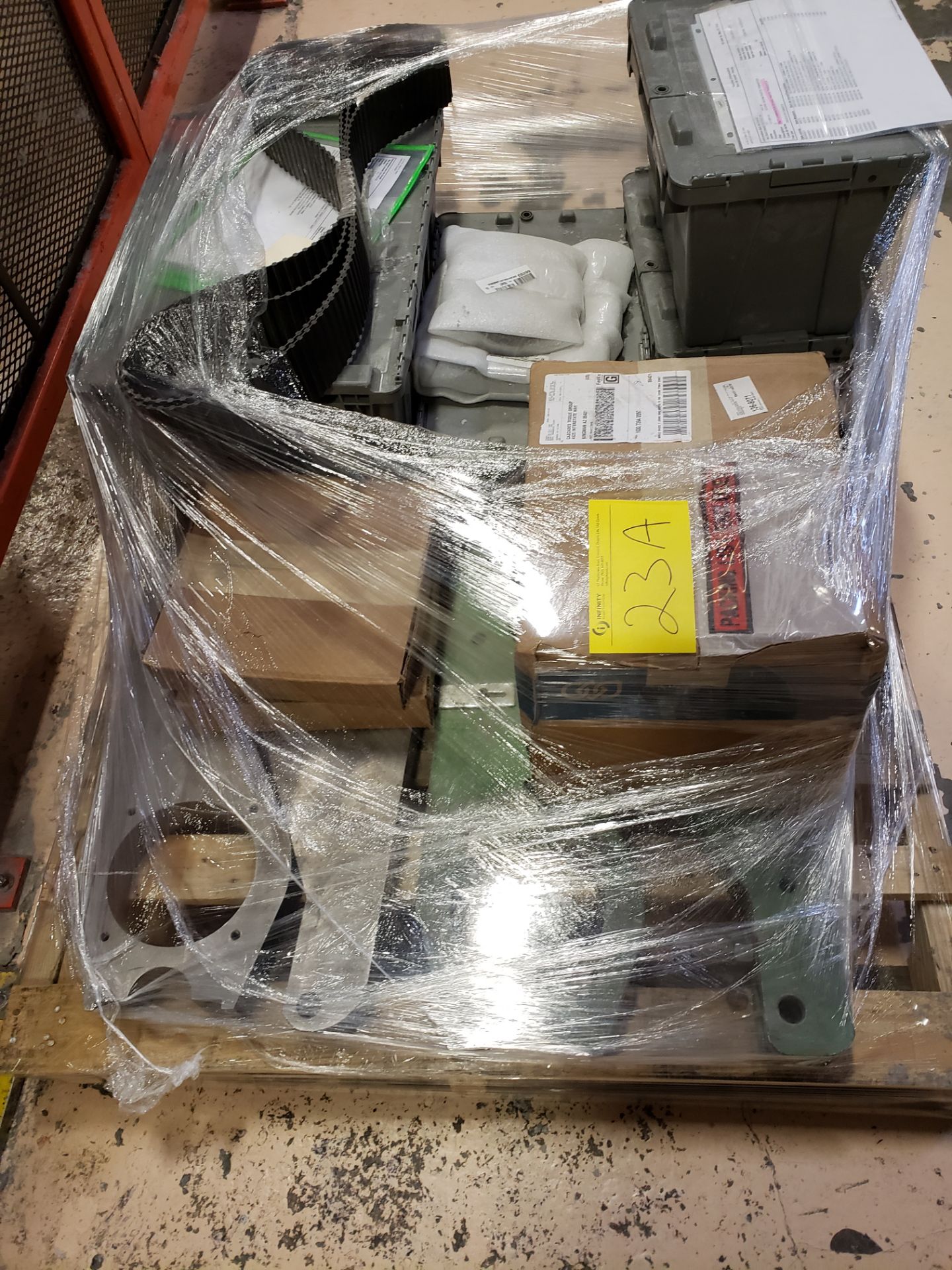 PALLET OF SPARE PARTS FOR PERINI DERL EMBOSSER/LAMINATOR UNIT, DRIVE BELTS, BEARINGS SPARE BEARING