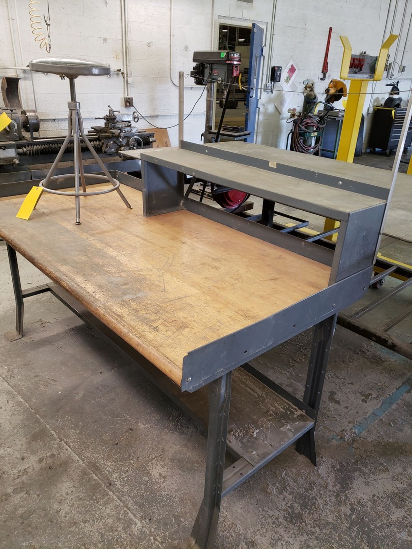 MACHINEST TABLE, 72" WIDE X 30" DEEP X 34" TALL, WITH UPPER TOP SHELF, WITH WOOD TOP, WITH