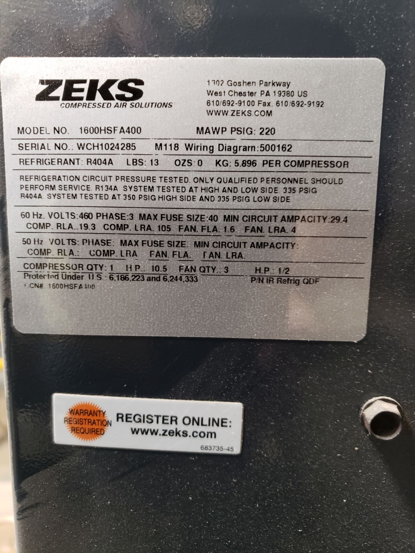 ZEKS AIR DRYER, MODEL 1600HSFA400, MAX PSIG 220, S/N WCH1024285, 480V, 40 AMP, INCLUDES INLET PIPING - Image 3 of 10