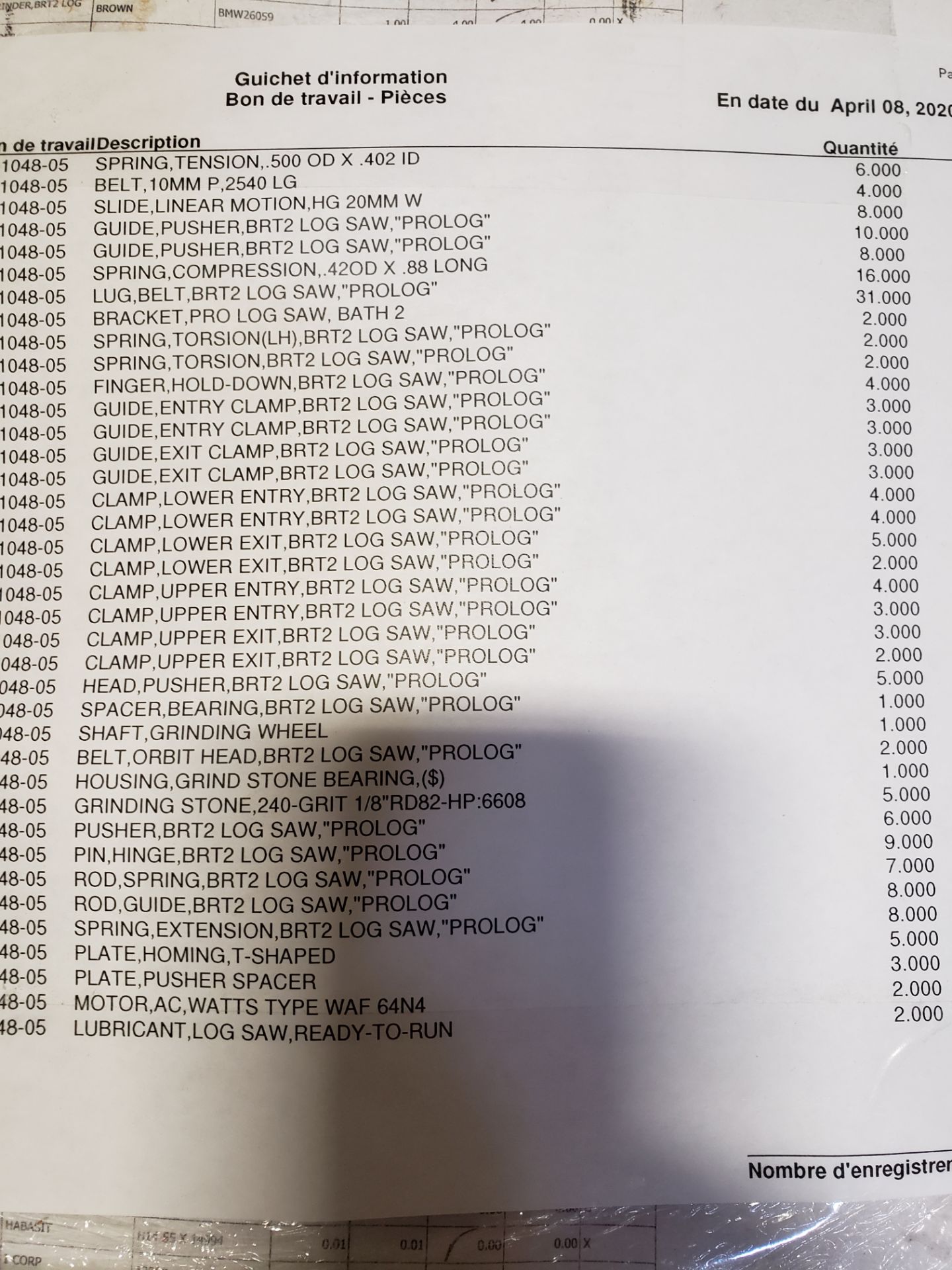 PALLET OF SPARE PARTS FOR PCMC LOG SAW PROLOG LT, CLAMPS, BELTS (B2 LOG SAW) - Image 3 of 3