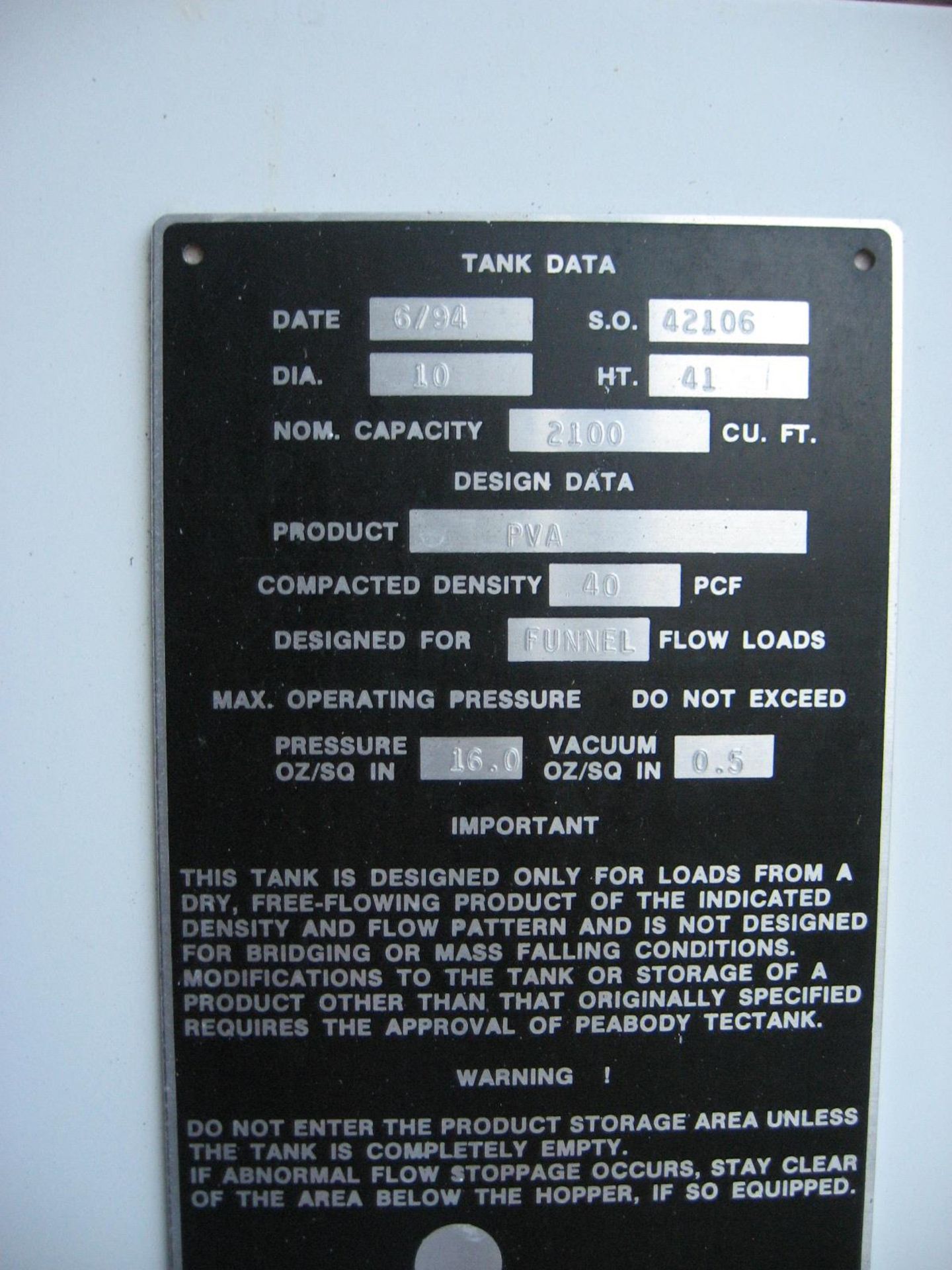 1994 41' HIGH X 10' DIAMETER SILO W/ CONTROLS, 2,100 CU. FT CAP., PRODUCT: PVA, 40 PCF, DESIGNED FOR - Image 4 of 12