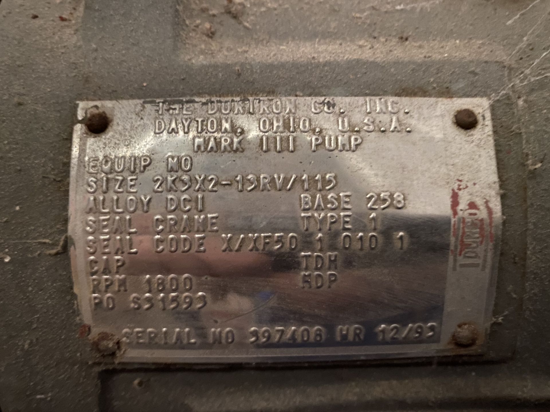 DURCO GRAY PUMPS WITH MOTOR (#2) S/N 397408 WR 12-93. (SUBJECT TO BULK BID LOT 100) (BOILER ROOM) - Image 2 of 3