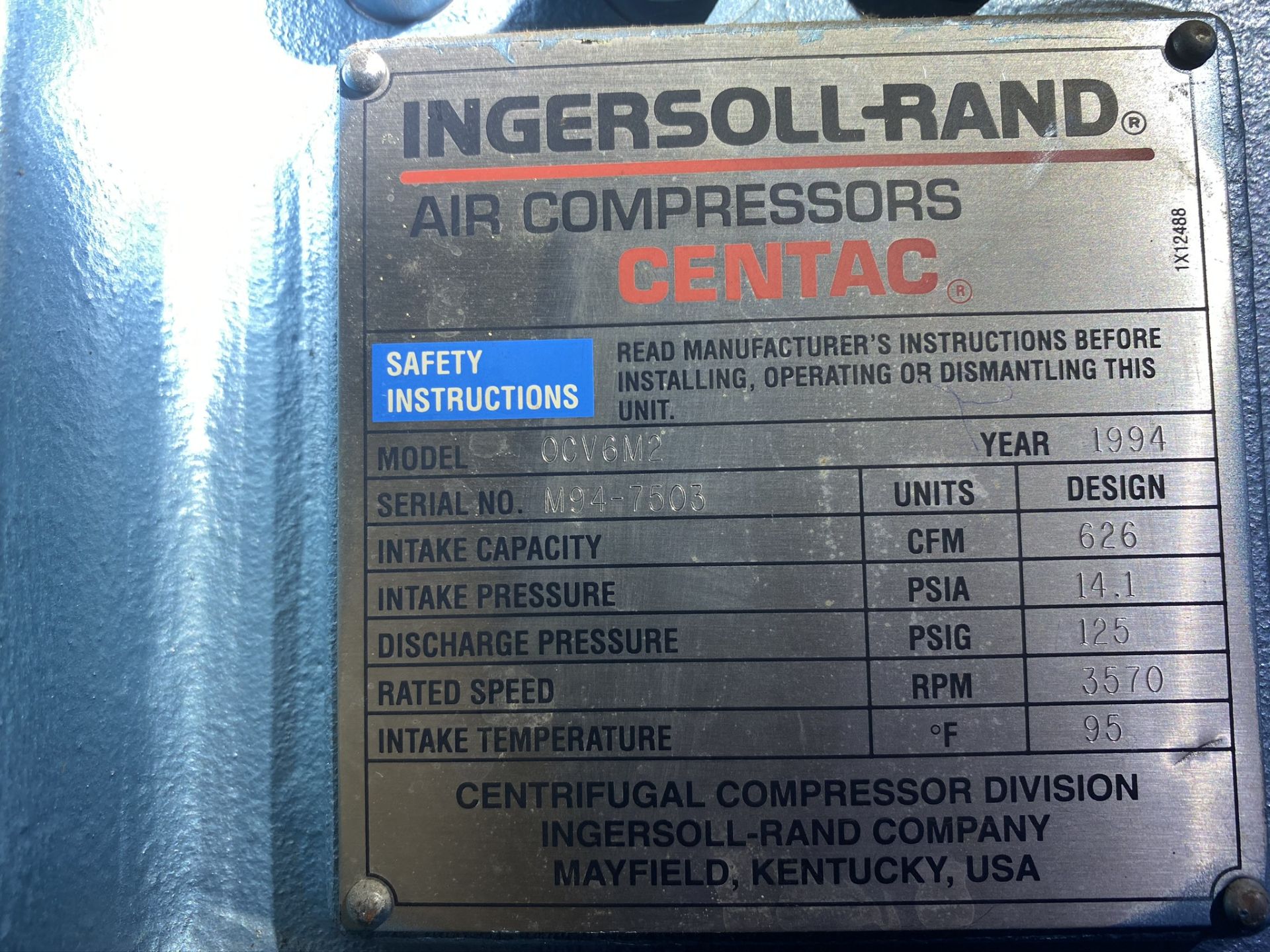 Ingersoll Rand air compressor. Model OCV6M2. 175HP, S/N M94-7503. 1994. Intake Capacity 626 CFM. - Image 6 of 6