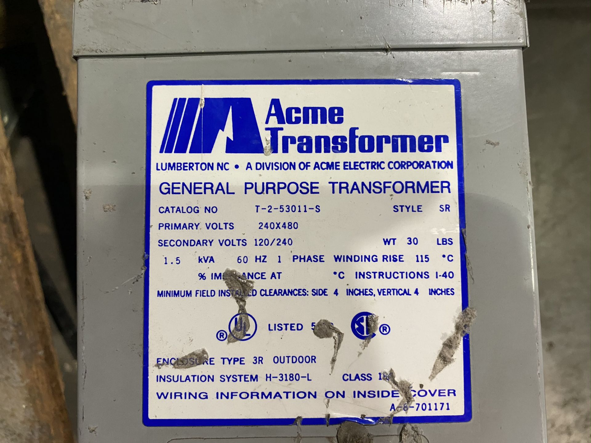 ACME Transformer general purpose transformer. Catalog #T-2-53011-S. 1.5KVA, 240X480V PRIMARY, 120/ - Image 2 of 2