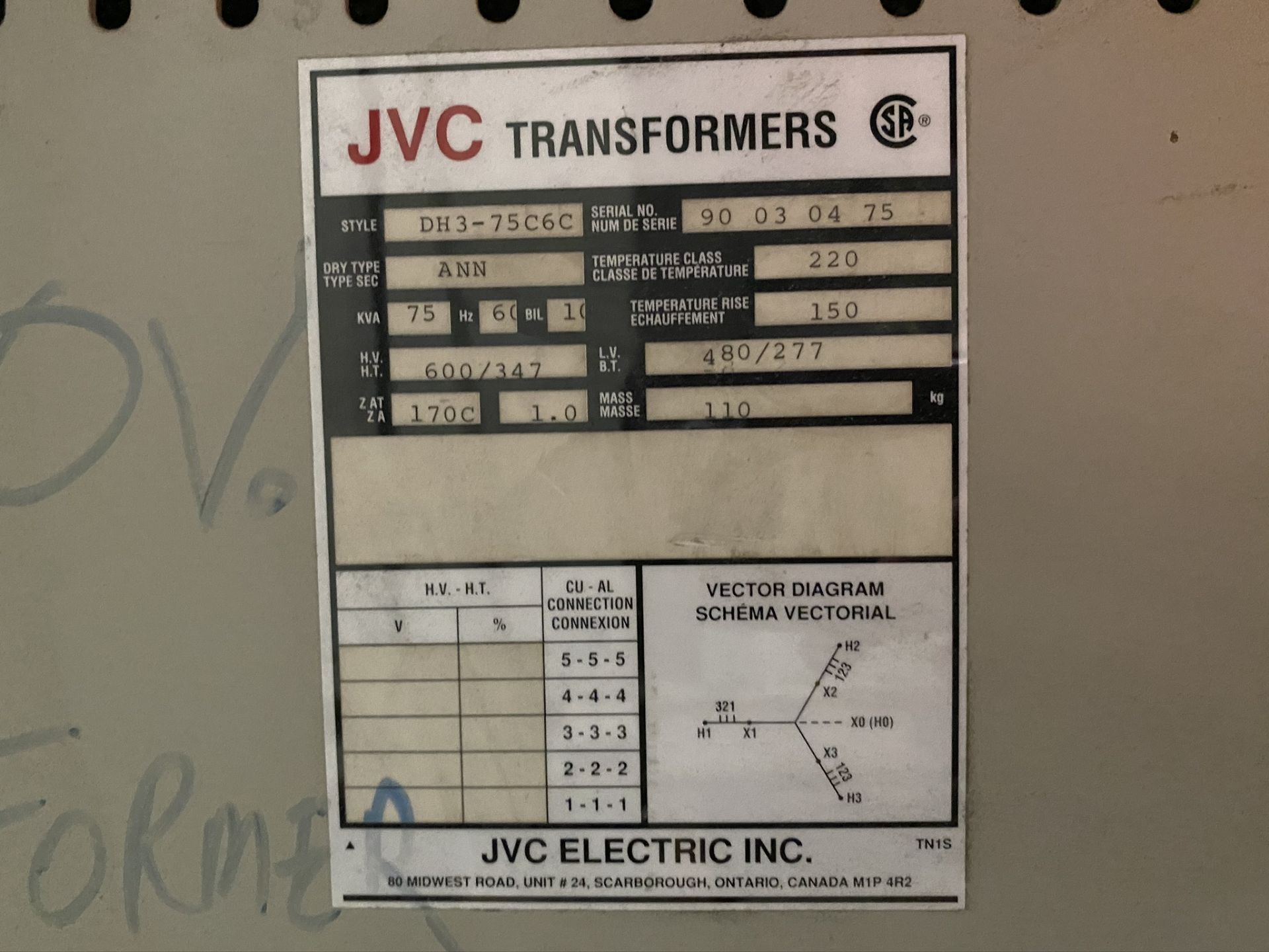 JVC Electric TransformerDH3-75C6C. S/N 90-03-04-75. 75KVA, 600/347V PRIMARY, 480/277V SECONDARY ( - Image 3 of 3