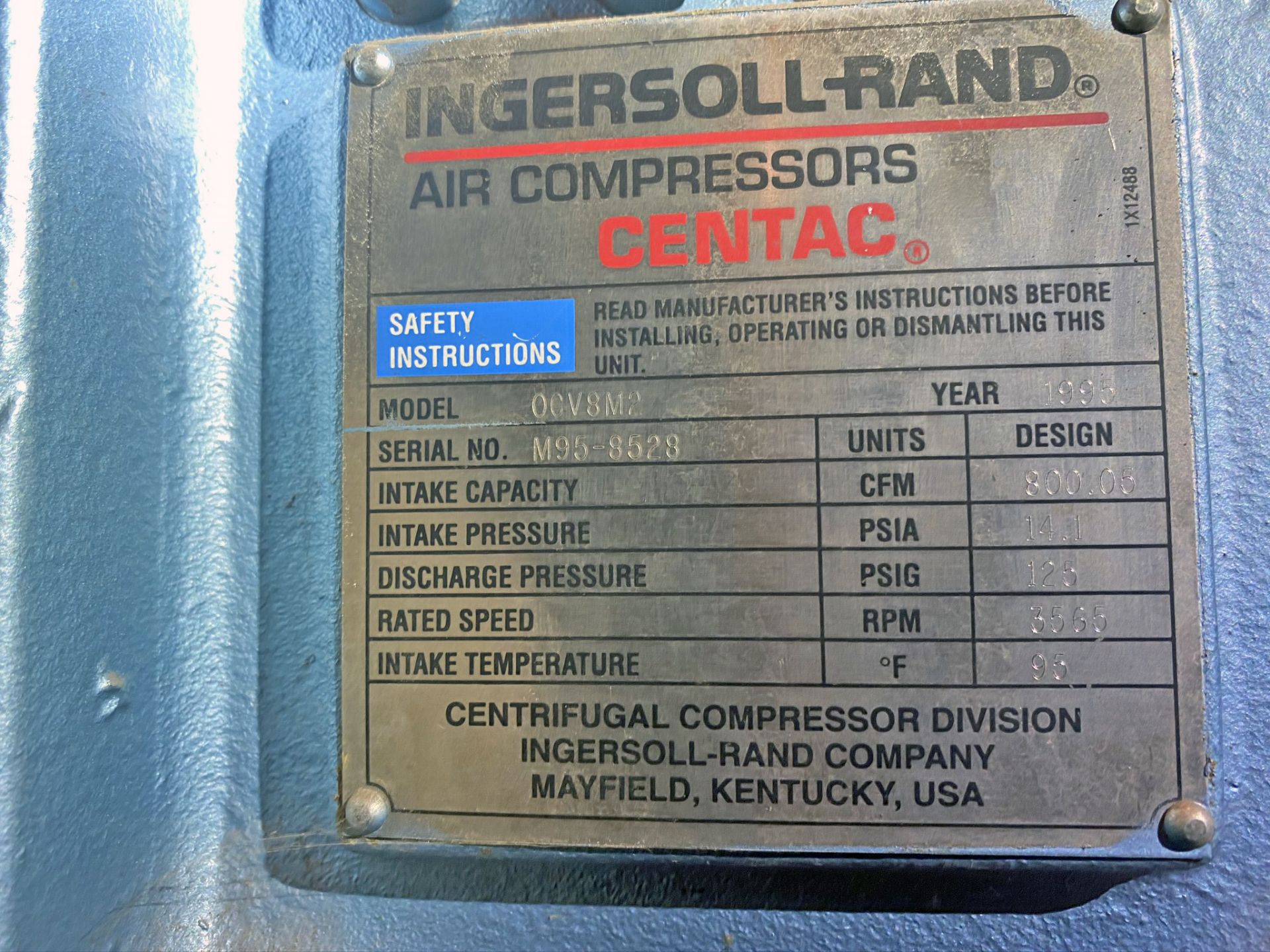 Ingersoll Rand air compressor. Model OCV8M2. 200HP, S/N M95-8528. 1995. Intake Capacity 800,05 - Image 6 of 6