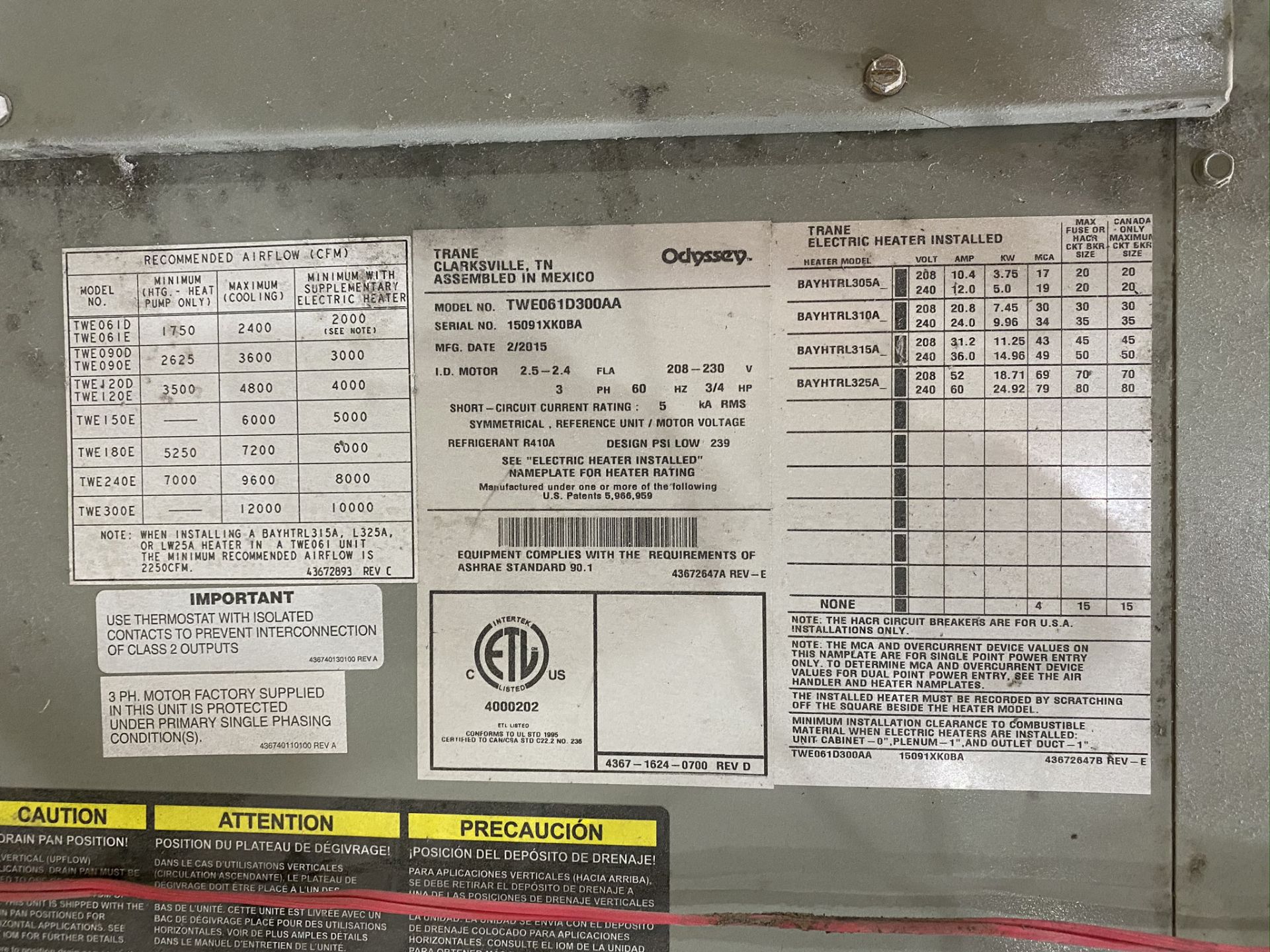 2 TRANE handling units. Model TWE061D300AA. S/N 15091XK0BA & 15152T8NBA. 2015.  Used to cool a MCC - Image 4 of 4