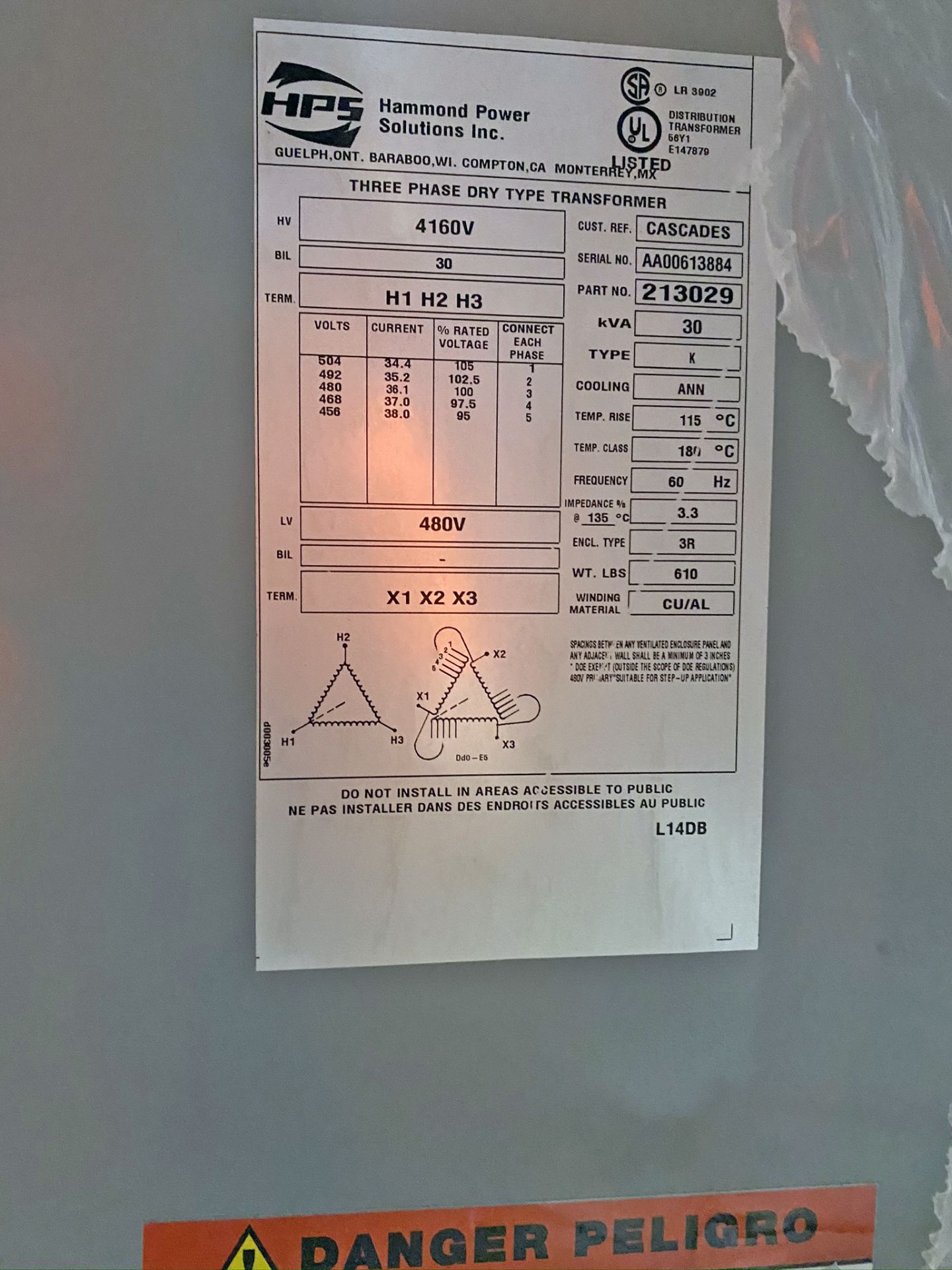 Hammond Power Solution 3phase dry type transformer. S/N AA00613884. 30KVA, 4160V PRIMARY, 480V - Image 3 of 3