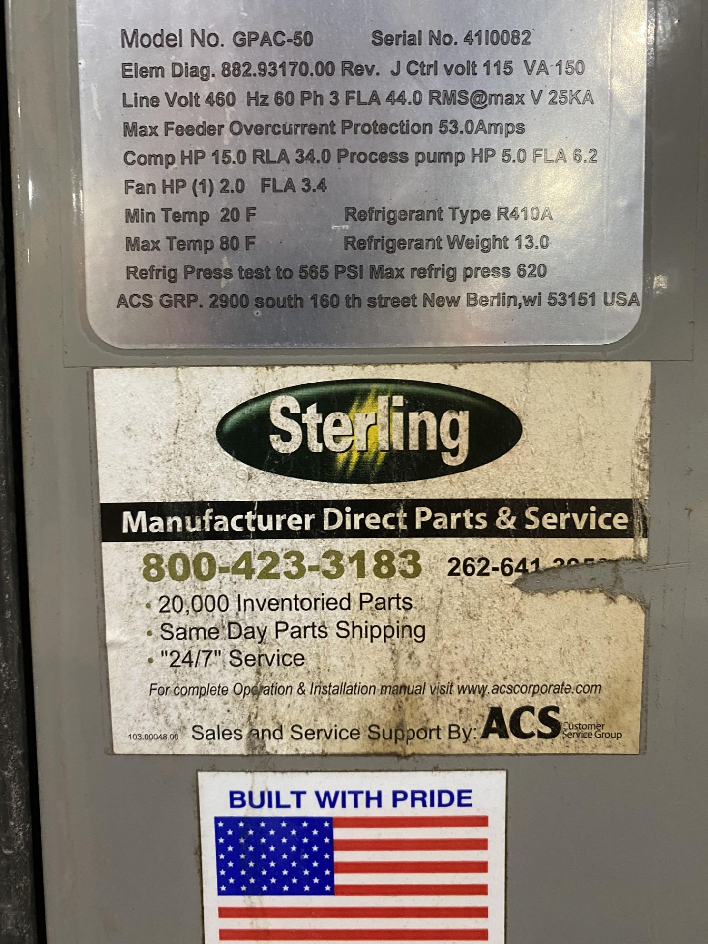 STERLING GPAC-50 CHILLER UNIT, S/N 41I0082, 15HP (P3) - Image 3 of 3