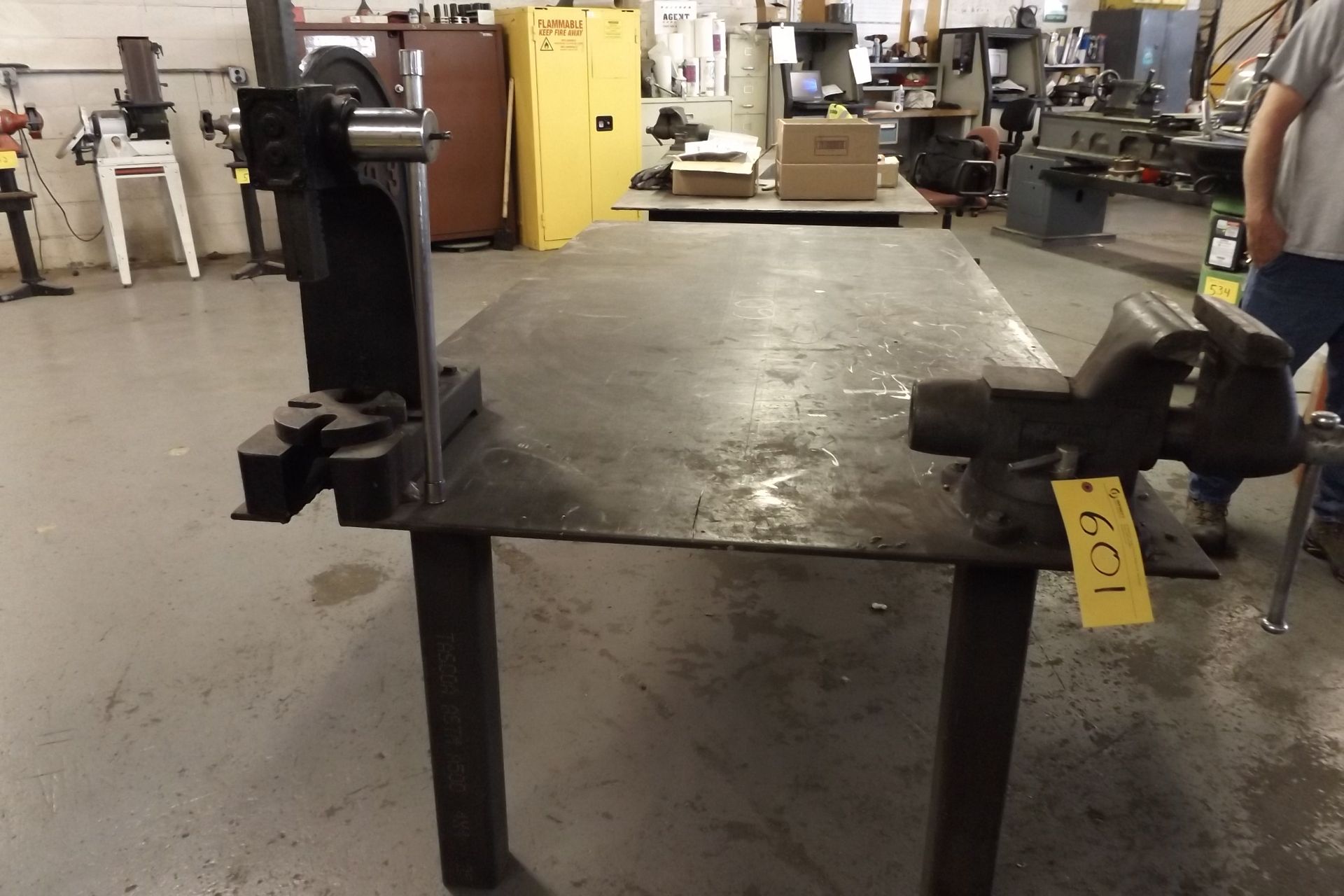 4'X8' HEAVY DUTY STEEL WORK BENCH CW/ ARBOR PRESS AND VICE  (MAINT SHOP) - Image 2 of 3