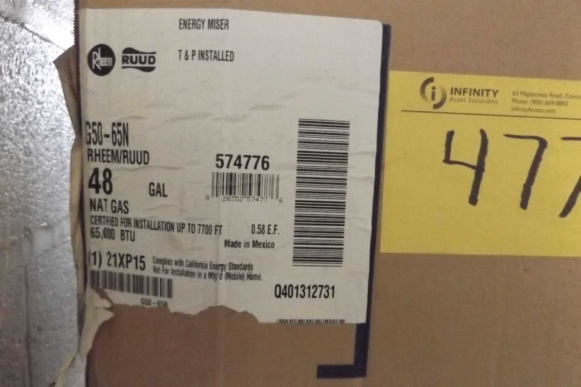 RHEEM-RUUD, GAS FIRED 48 GAL HOT WATER HEATER, ( STILL IN BOX)  (MAINT SHOP) - Image 3 of 3