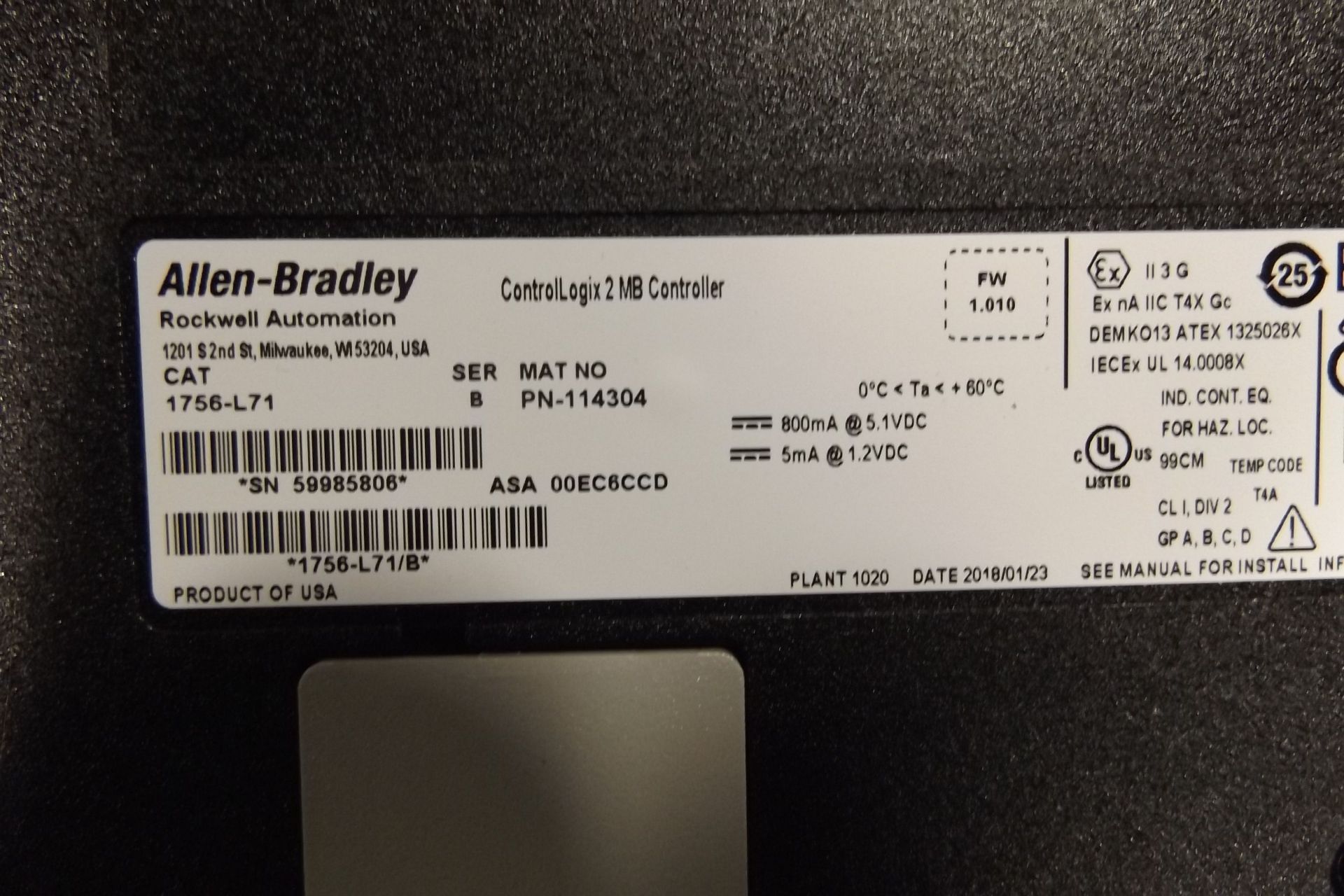 ALLEN-BRADLEY CONTOLLER, CONTROLOGIX, 5570, W/ 2MB MEMORY,USB PORT, 4 CHARACTER # 1756-L71 ( - Image 2 of 3