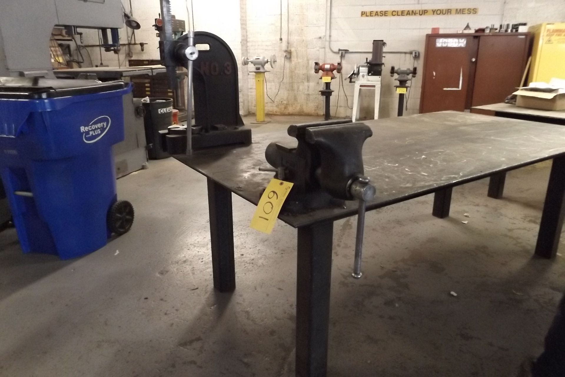 4'X8' HEAVY DUTY STEEL WORK BENCH CW/ ARBOR PRESS AND VICE  (MAINT SHOP)