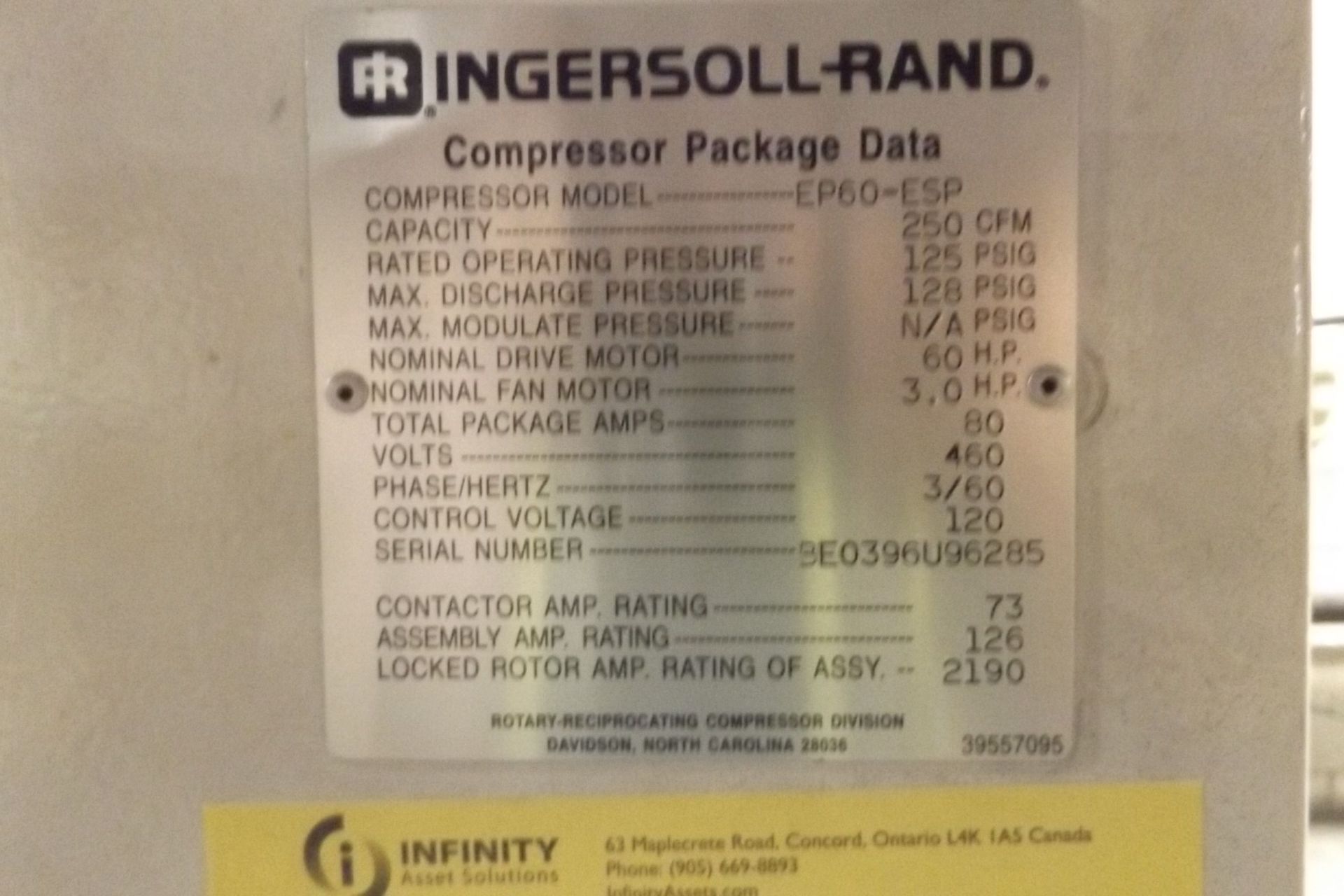 1997, INGERSOLL-RAND AIR COMPRESSOR, MODEL-SSR-ESP, SER# BE0396U96285 60 HP [#5 RAIL DOCK] - Image 3 of 4