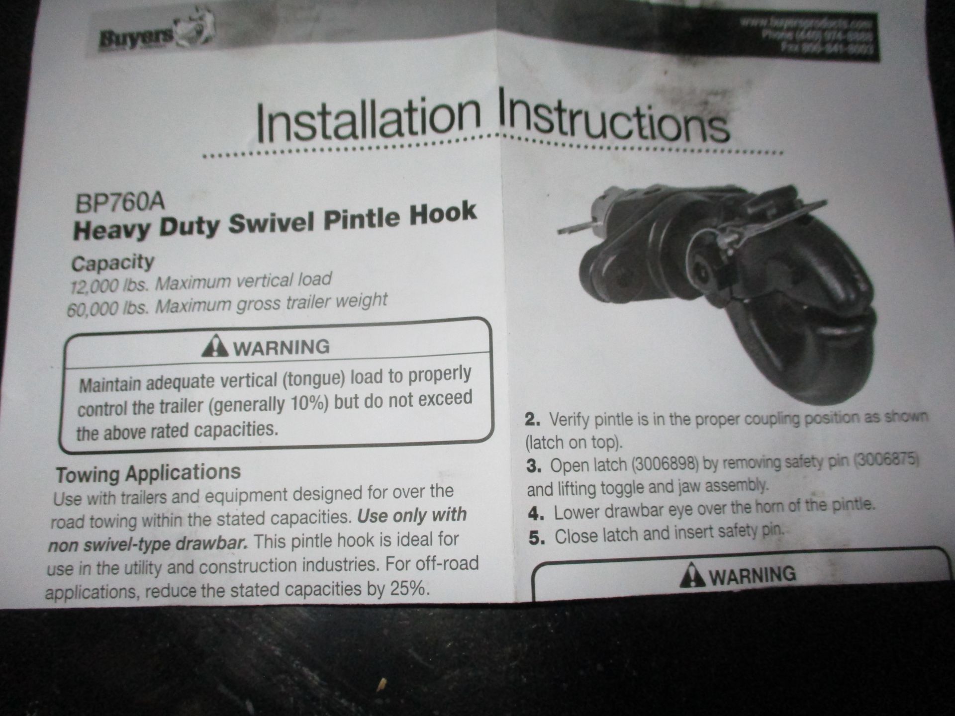 BUYERS HEAVY DUTY SWIVEL PINTLE HOOK MODEL BP760A, CAP 12000LBS MAX VERTICAL LOAD, 60,000LBS GROSS - Image 2 of 2