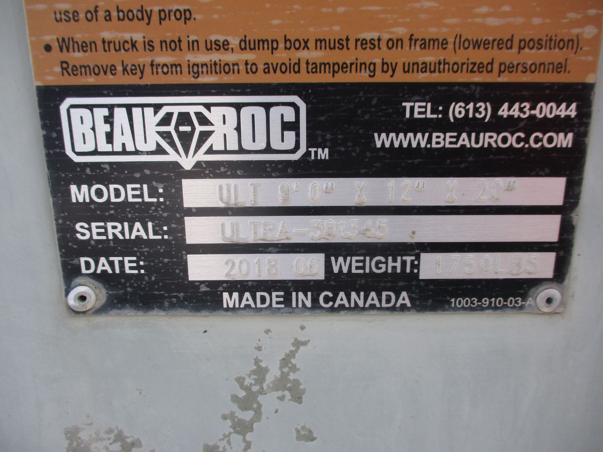 BEAU ROC 9' DUMP ULTRA, MODEL 9'0X12X20, SERIAL NO. ULTRA-381345, DATE 201806, WEIGHT 1750LBS - Image 4 of 5