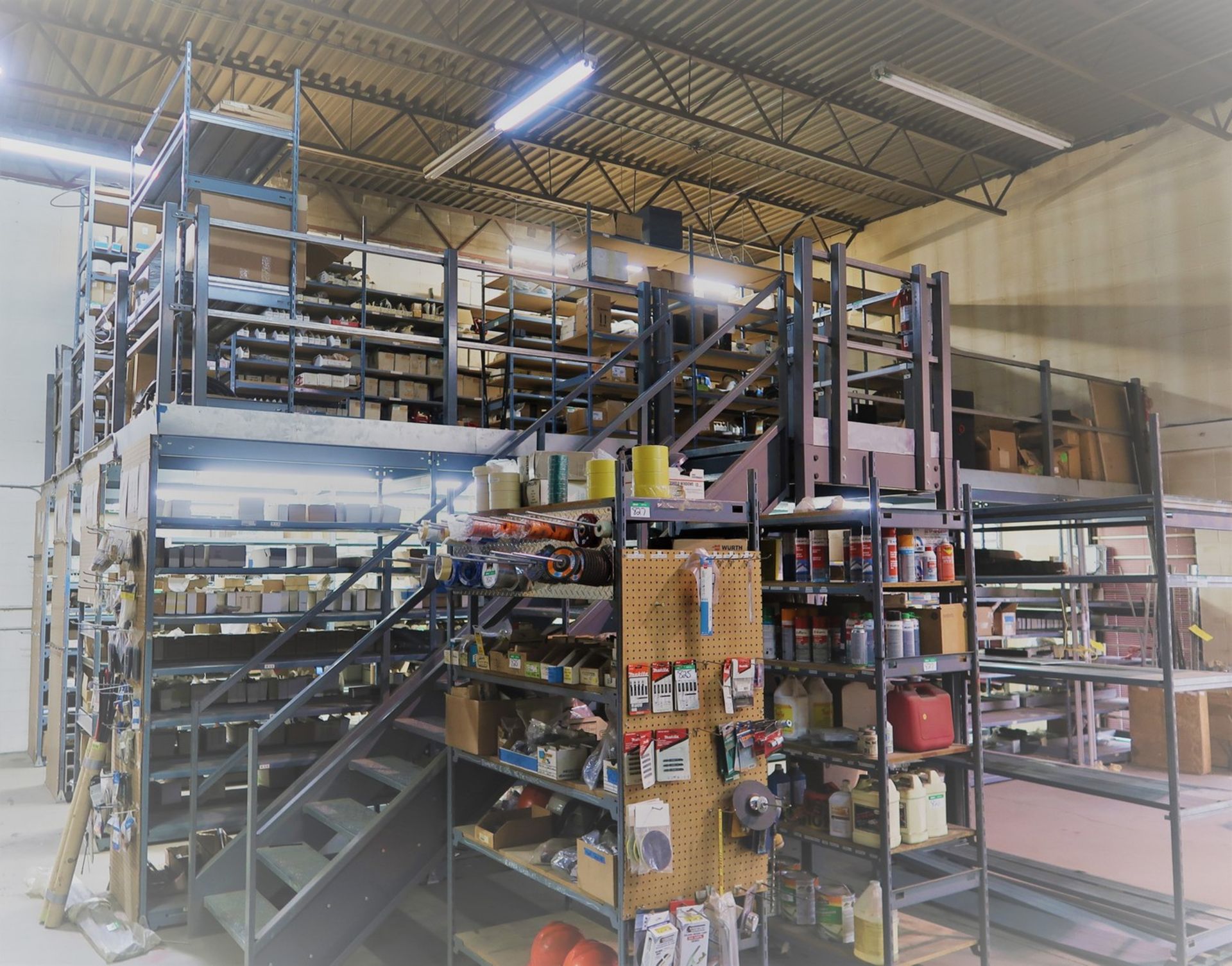 FREE STANDING MEZZANINE SYSTEM W/STAIRS, 4-6 SECTION EZIRACK PARTS SHELVING