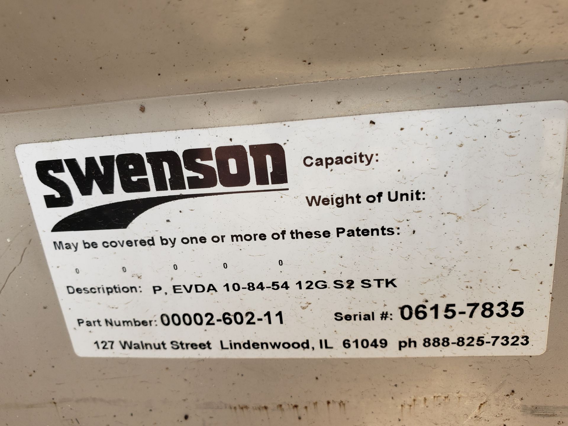 SWENSON SS SPREADER, PV-S, 8', 16S2 B&S, CHN20, GAS PART#00004-308-0312, S/N 0918-7623 UNUSED - Image 4 of 5