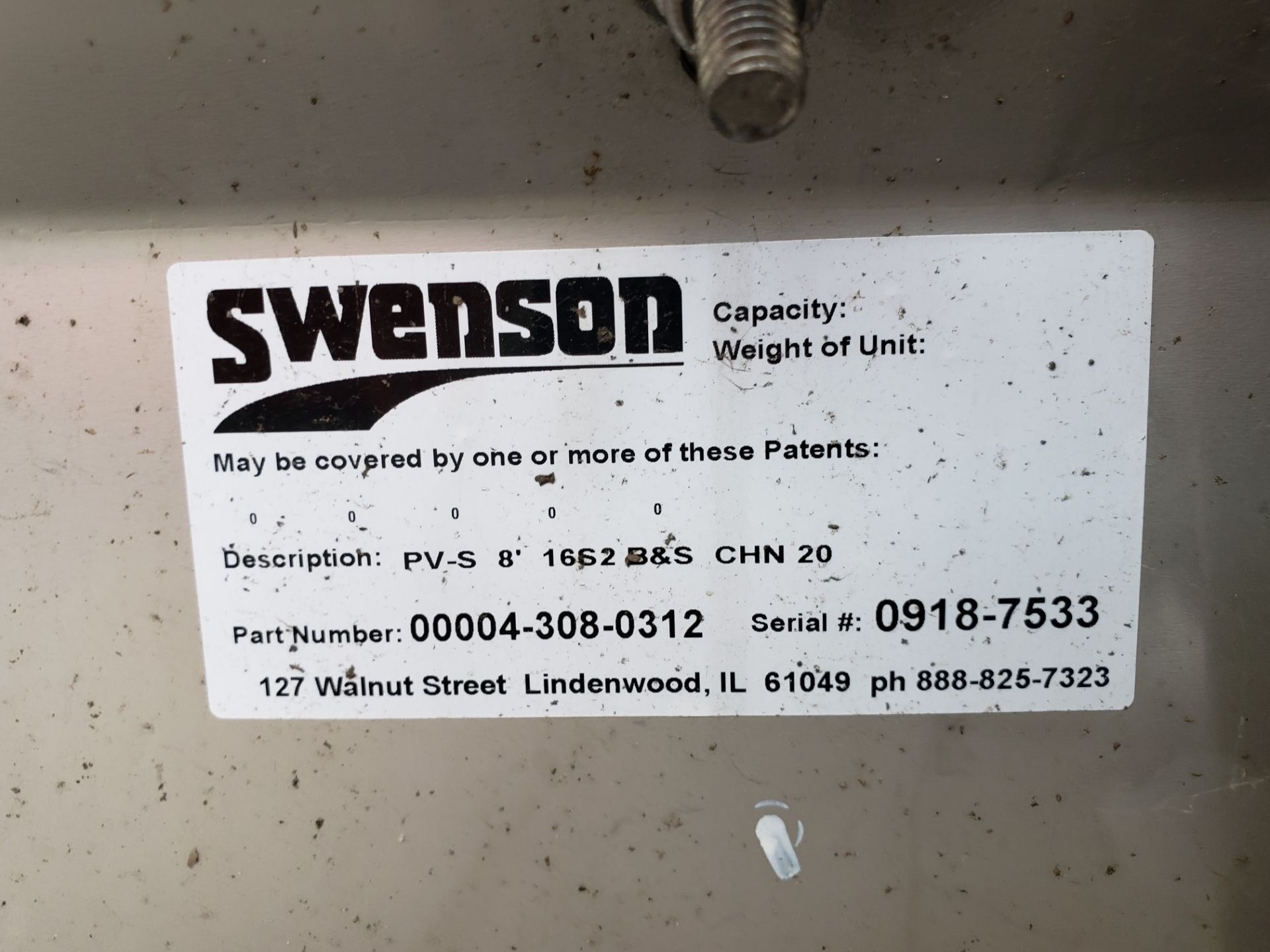 SWENSON SS SPREADER, PV-S, 8', 16S2 B&S, CHN20, GAS PART#00004-308-0312, S/N 0918-7533 (NO - Image 5 of 5