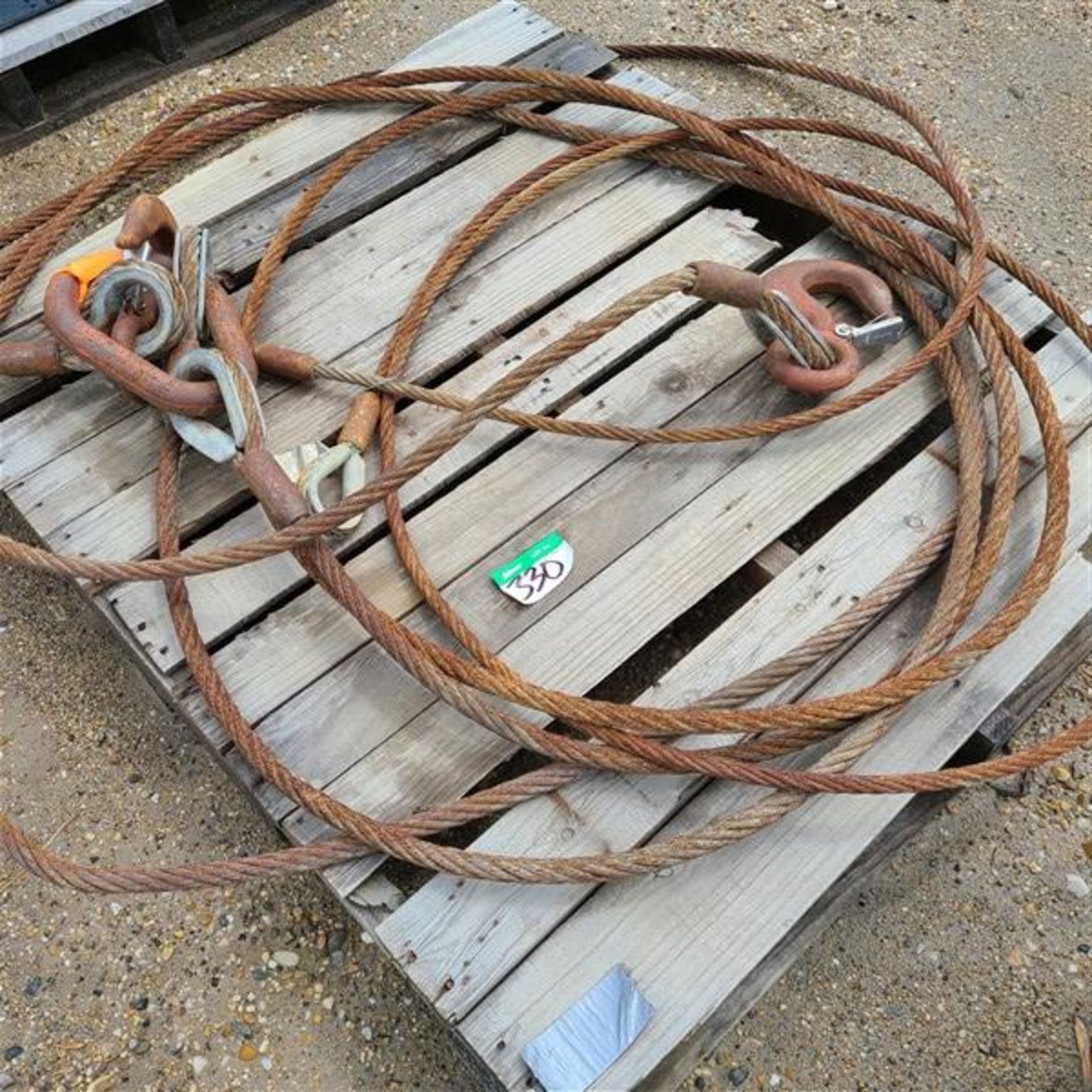PALLET OF OVERHEAD LIFTING CABLE W/HOOKS