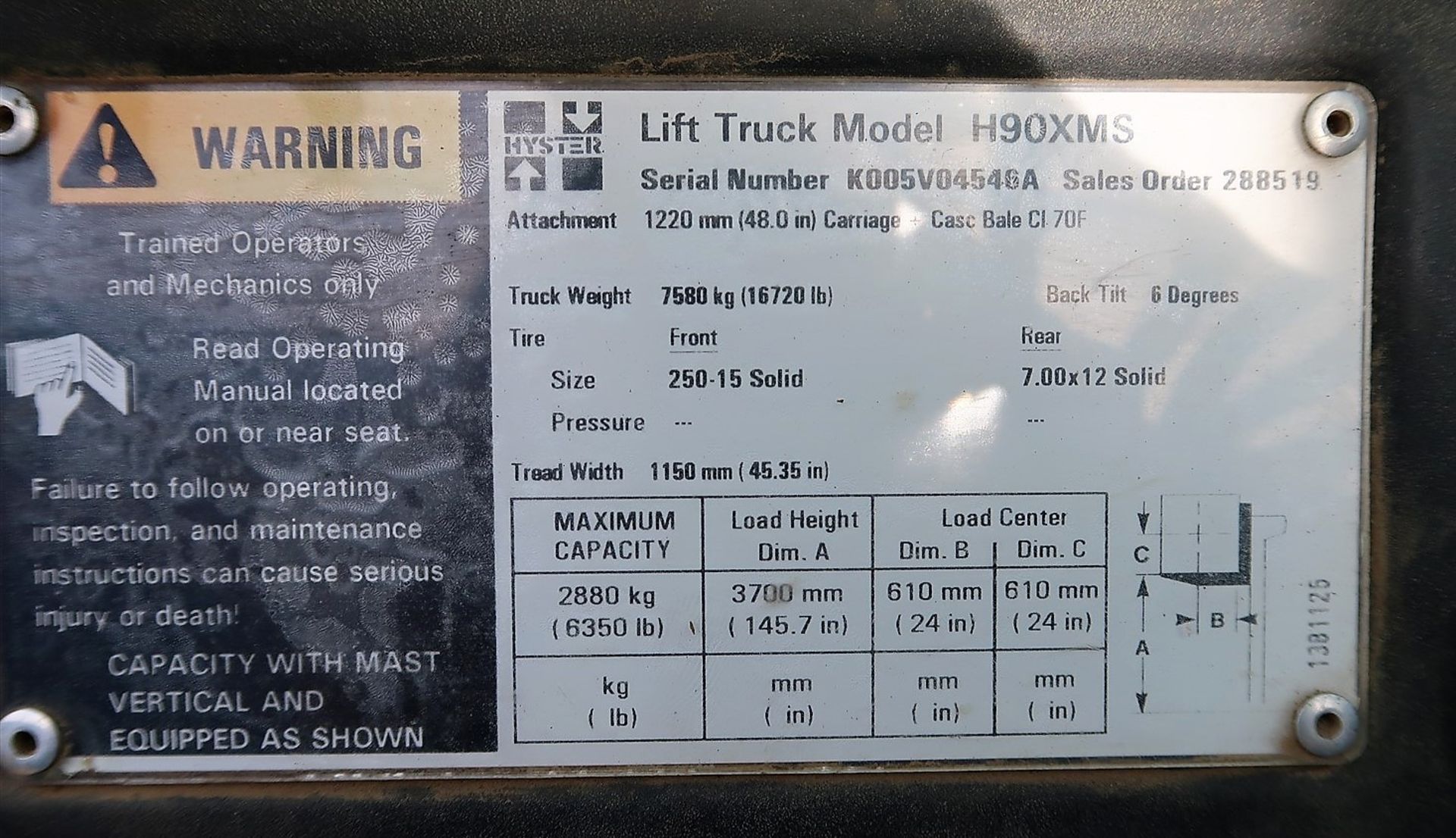 HYSTER FORKLIFT, MODEL H90XMS, 6,350 LB CAP., SIDE SHIFT, PROPANE, 8,238 HRS., S/N K005V04546A - Image 6 of 6