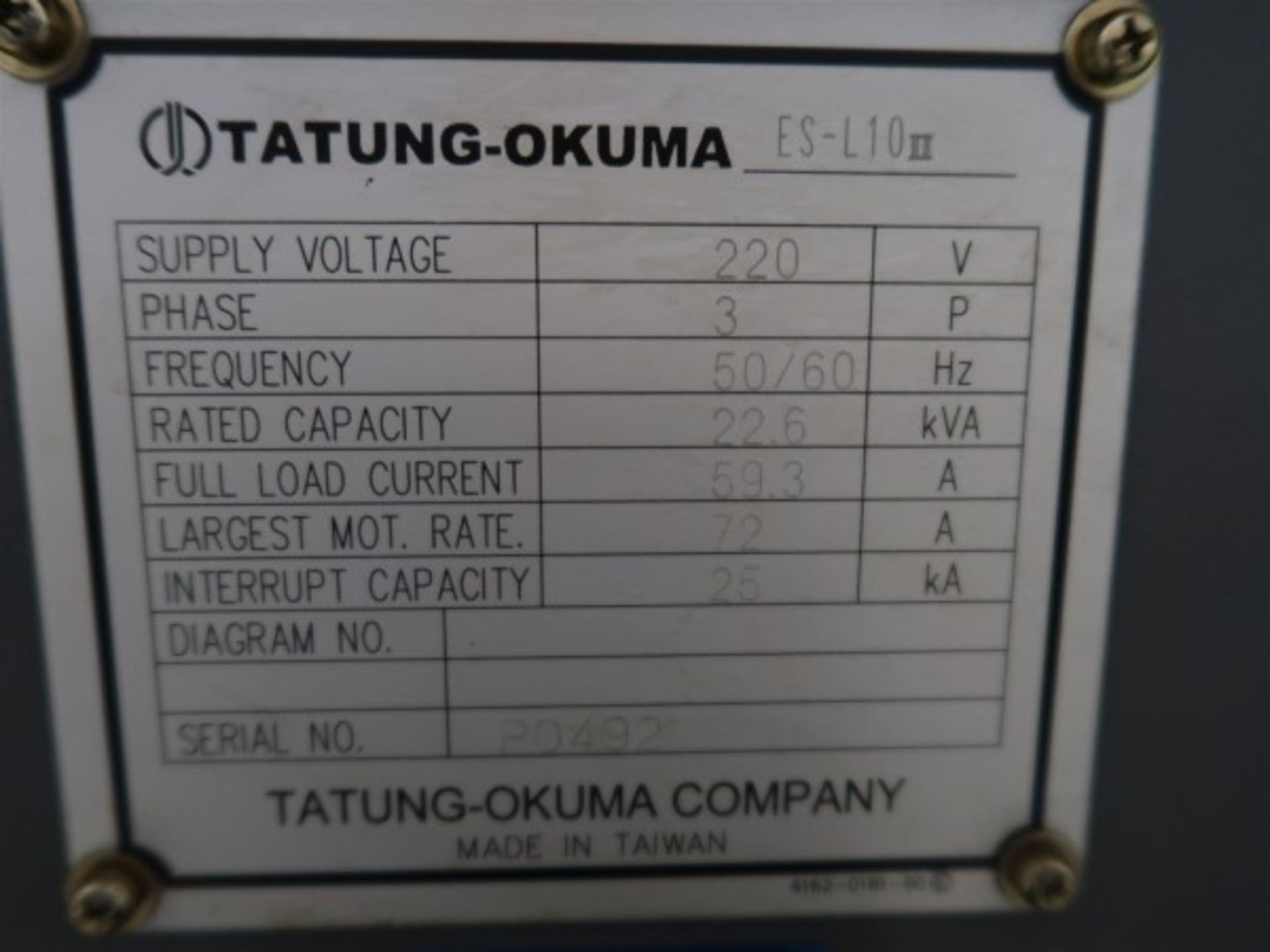 2007 OKUMA HERITAGE ES-L10 II CNC LATHE, OSP 200L CNC CONTROL, CHIP CONVEYOR, TURRET, TAILSTOCK, 10" - Image 8 of 8