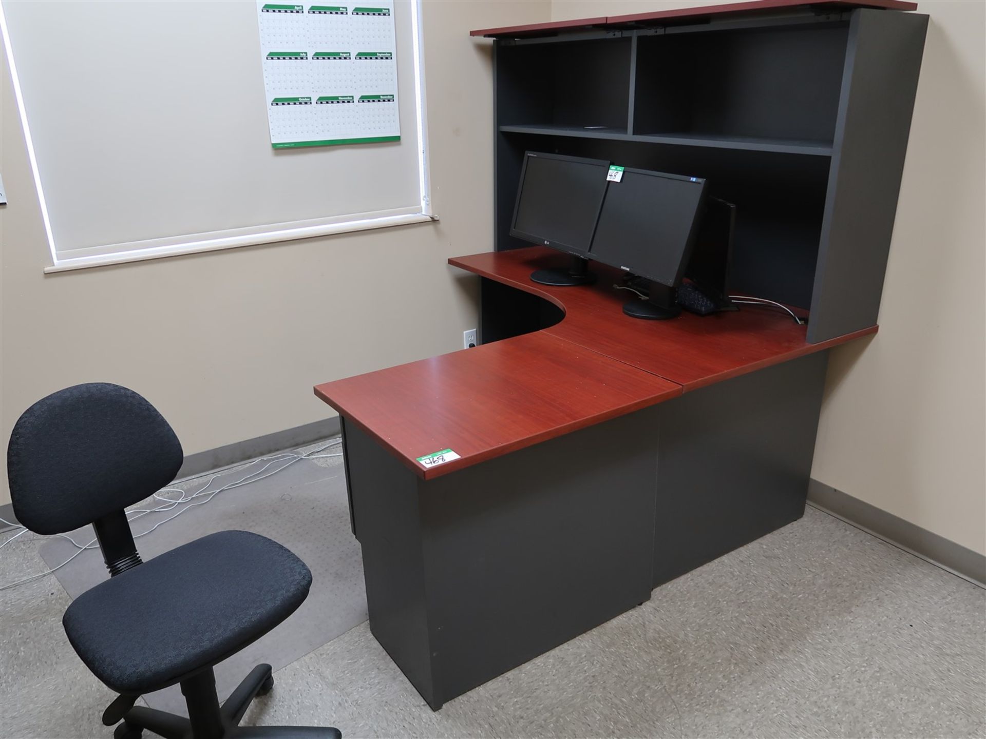 DESK, CREDENZA, 2 FILING CABINETS & 3 MONITORS