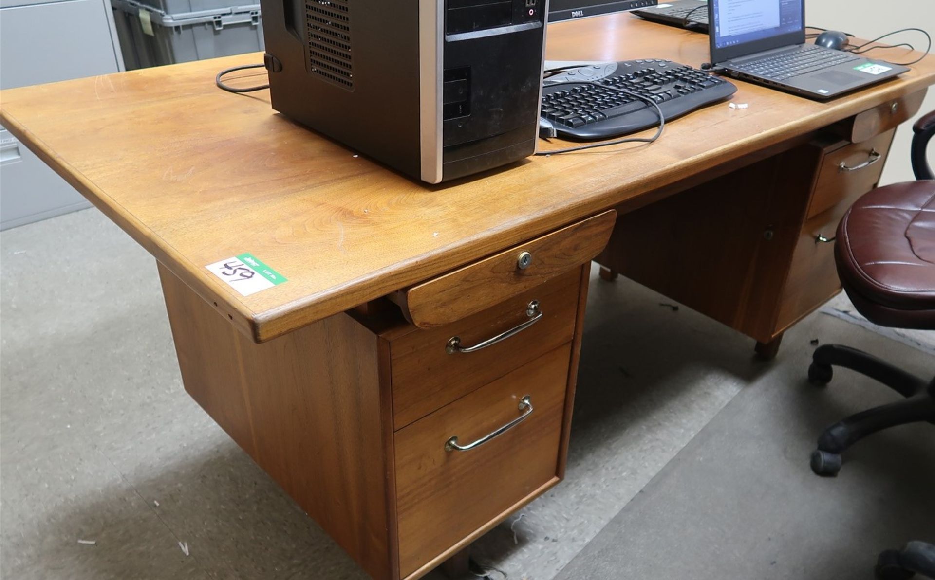 WOOD DESK W/MATCHING CREDENZA, 2 CHAIRS, BOOK SHELF