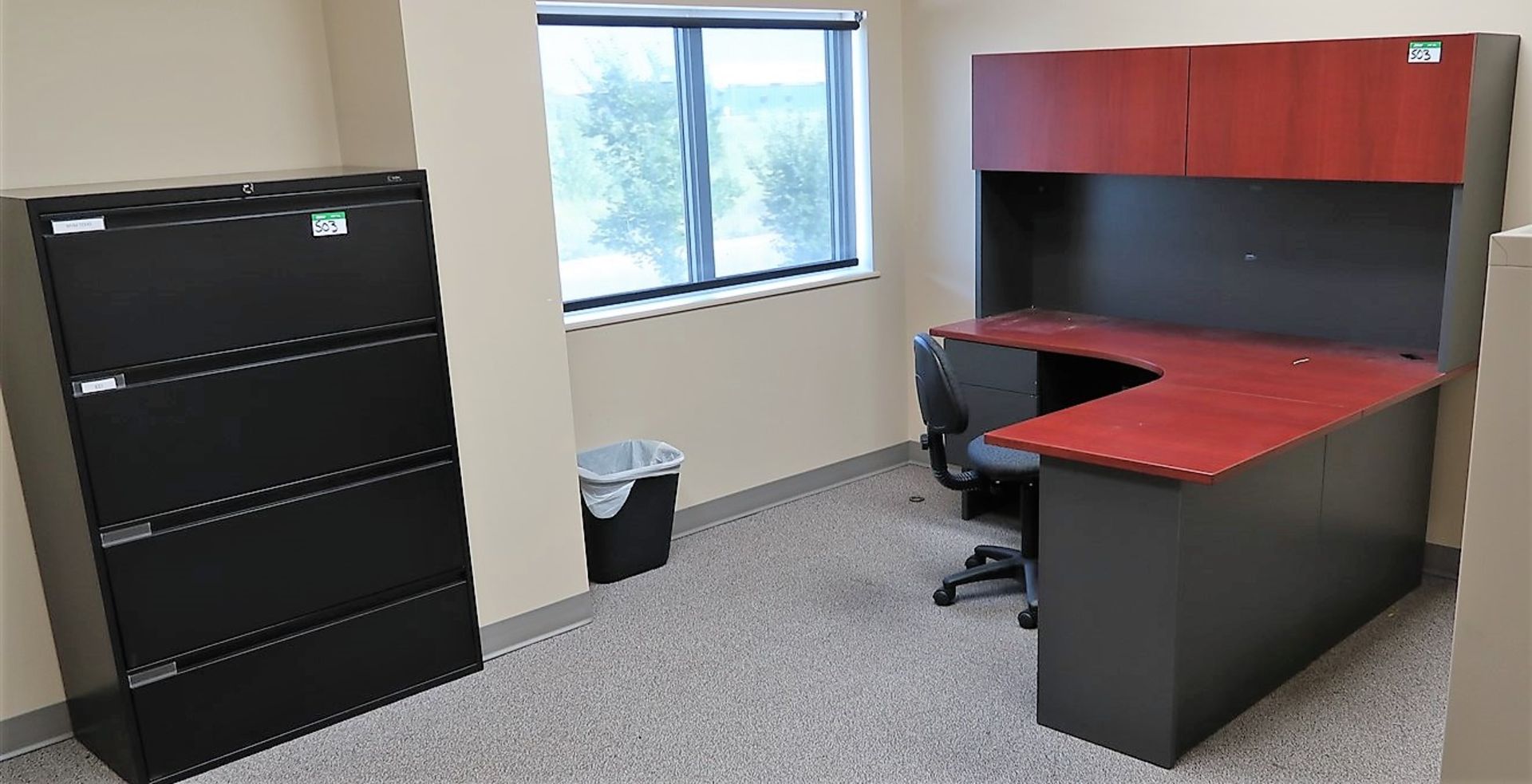 CONTENTS OF OFFICE - L-SHAPE DESK, 2-4 DRAWER FILING CABINET, 2 CHAIRS