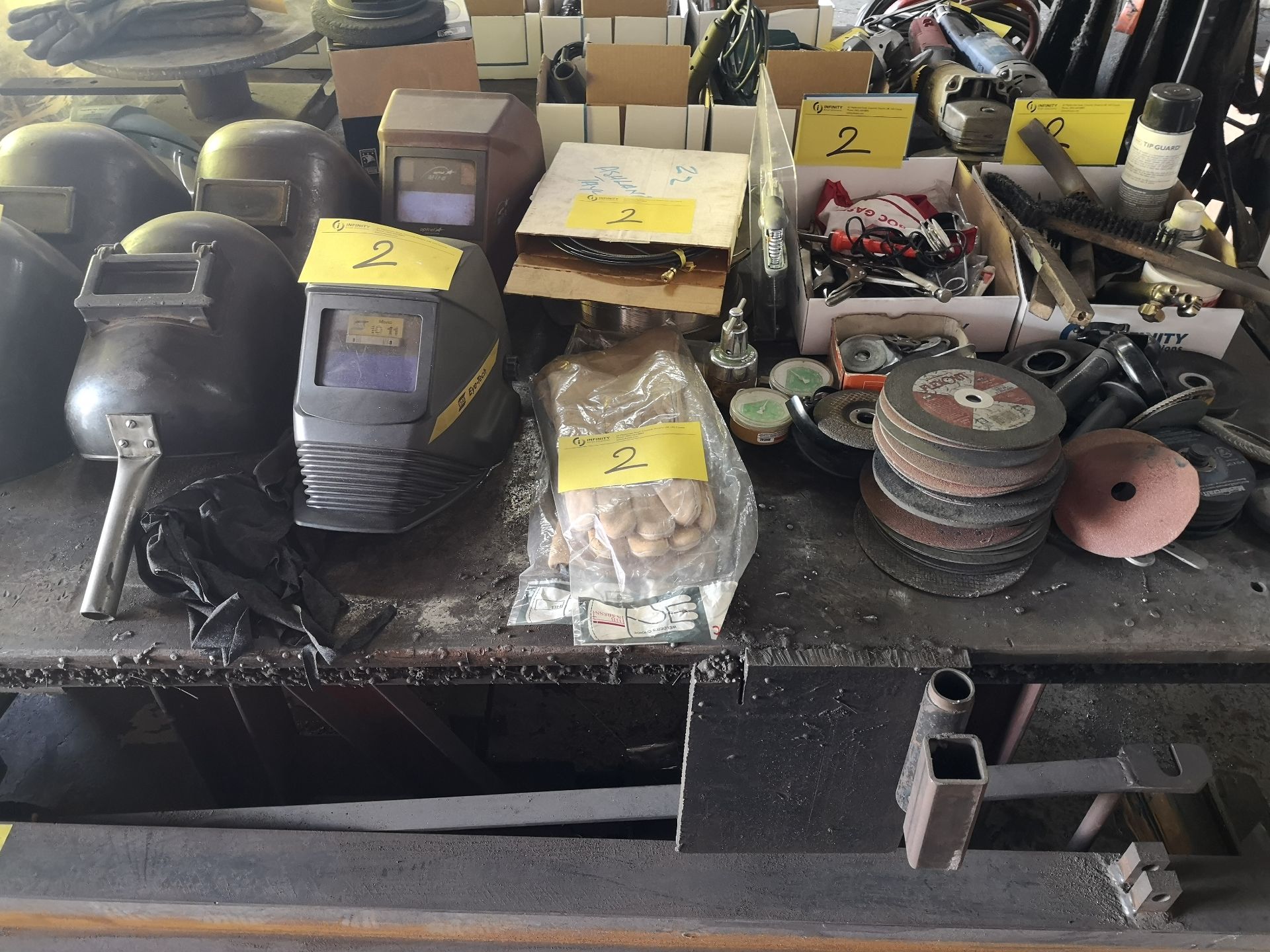 LOT WELDING MASKS, GLOVES, CLAMPS, DISCS, BRUSHES, ETC.