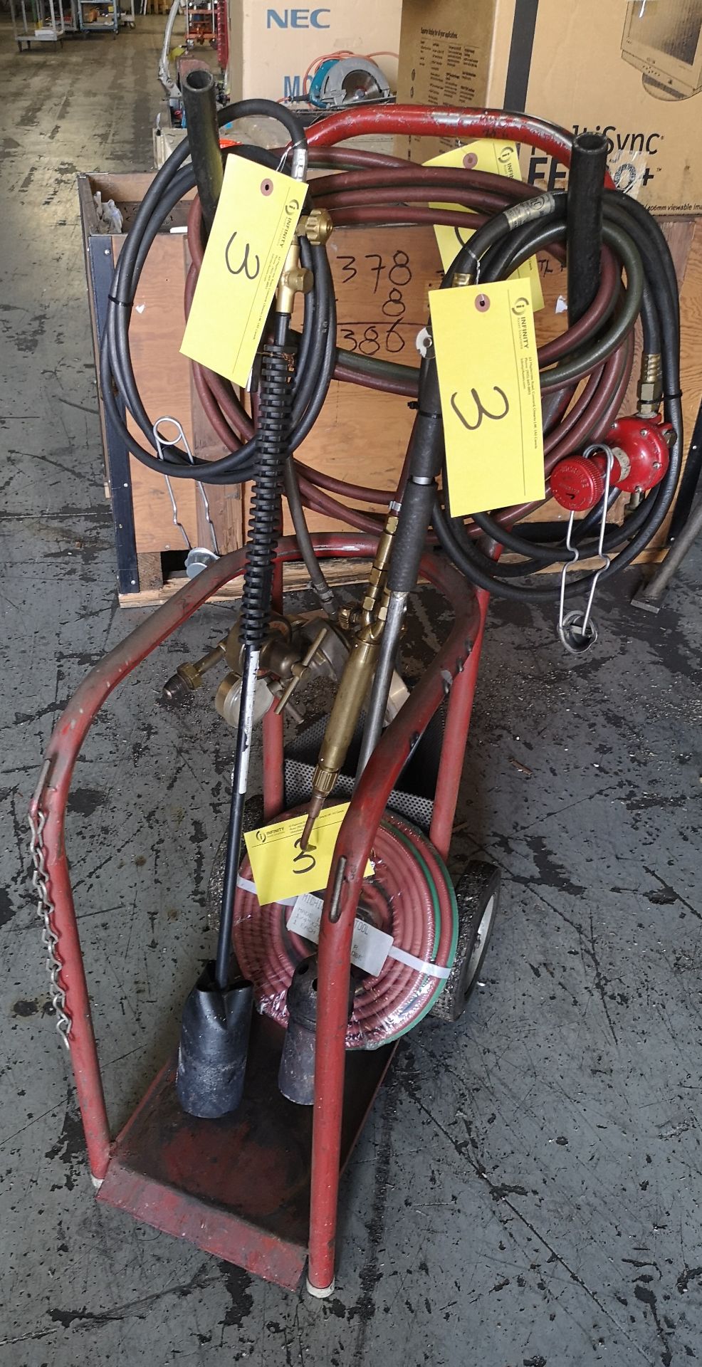 LOT (2) WELDING TORCHES, HOSE, BLOW TORCHES AND CART