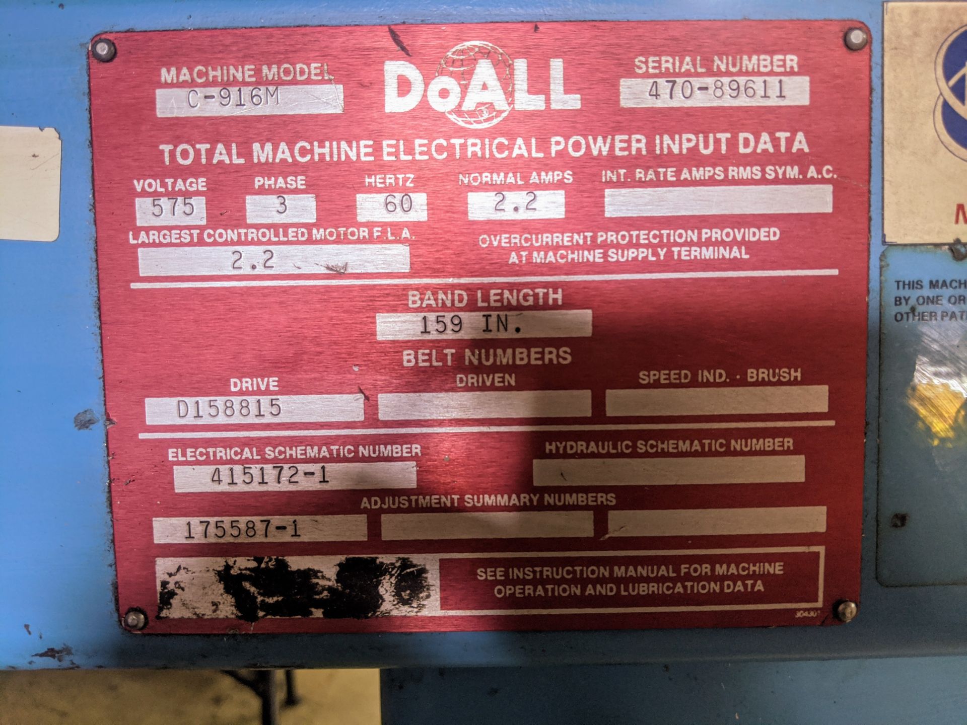 DO-ALL C-916 HORIZONTAL BANDSAW, S/N 470-89611 W/ 10' CONVEYOR AND (2) EXTRA BLADES - Image 5 of 8