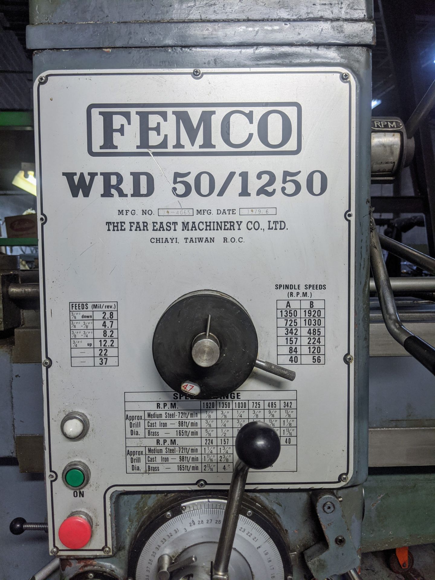 FEMCO WRD 50/1250 Radial Arm Drill, 4’ Arm, 1,920 RPM, s/n 79-4065 - Image 4 of 6
