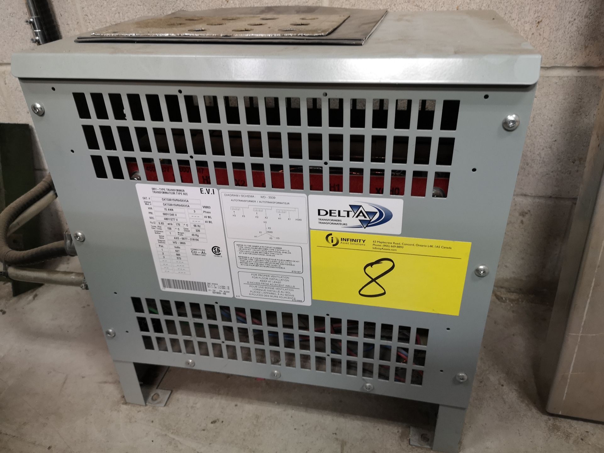 EVI 15KVA DRY TYPE TRANSFORMER, 3 PHASE, 600V PRIMARY, 480V SECONDARY