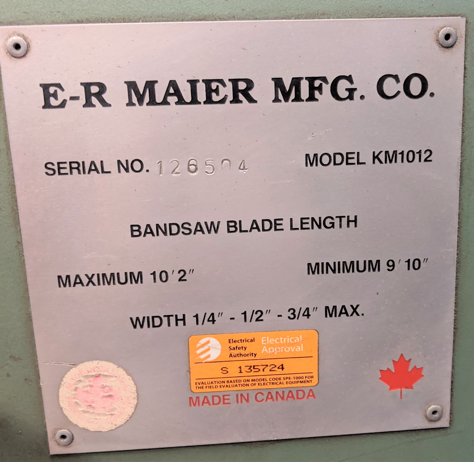 E-R MAIER KM1012 VERTICAL BANDSAW, SN:126504, W/PAIR OF ROLLER TRI STANDS - Image 4 of 4