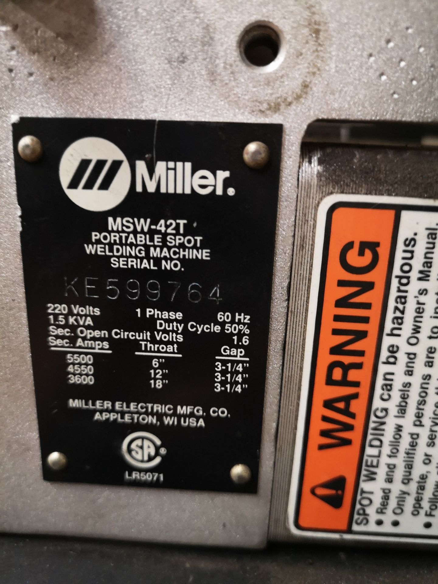 MILLER PORTABLE SPOT WELDING MACHINE, SN:KE599764 / MILLER SPOT WELDER TIMER KE-14 W/ ASSORTED TIPS - Image 3 of 4