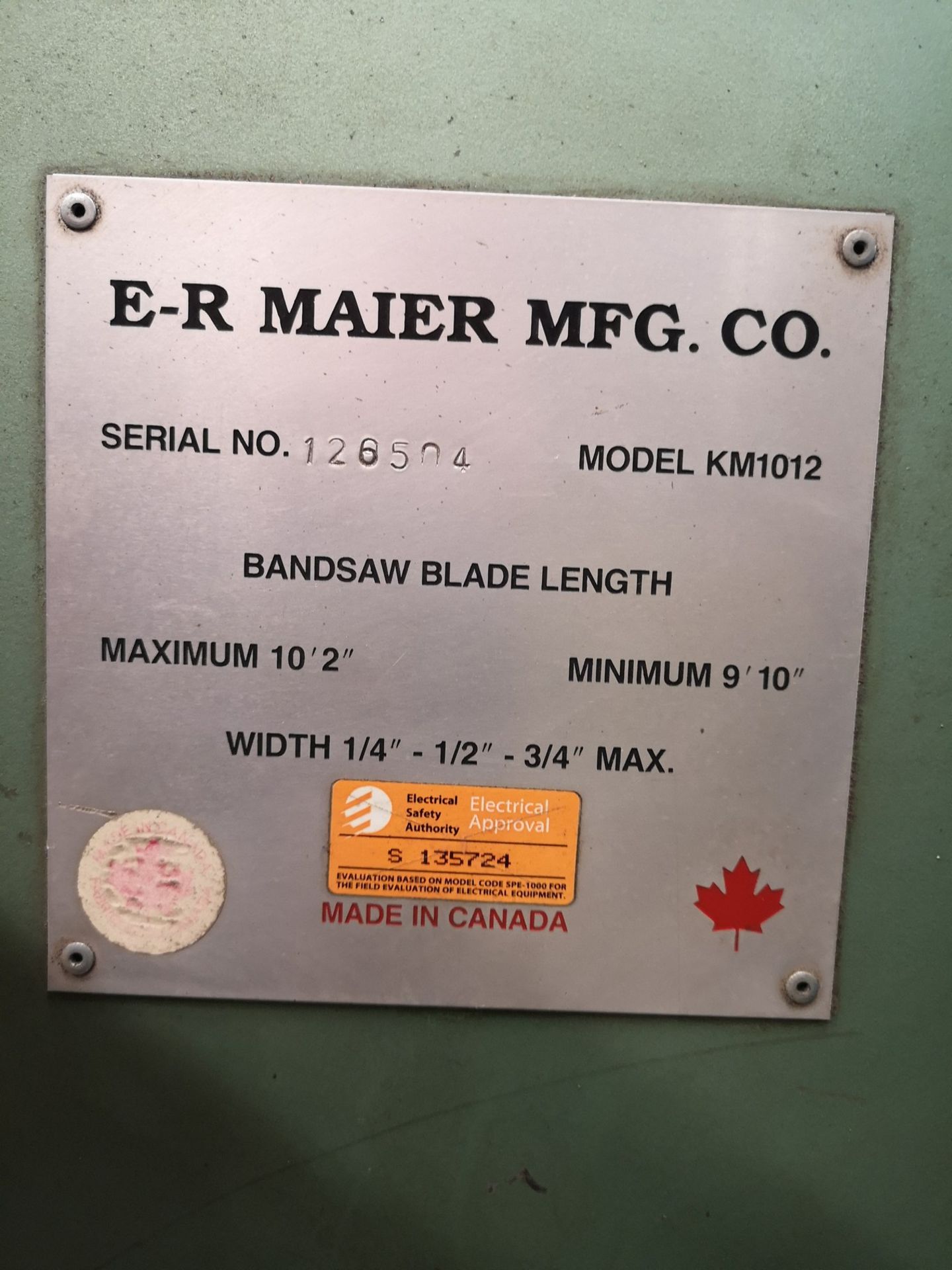 E-R MAIER KM1012 VERTICAL BANDSAW, SN:126504, W/PAIR OF ROLLER TRI STANDS - Image 3 of 4