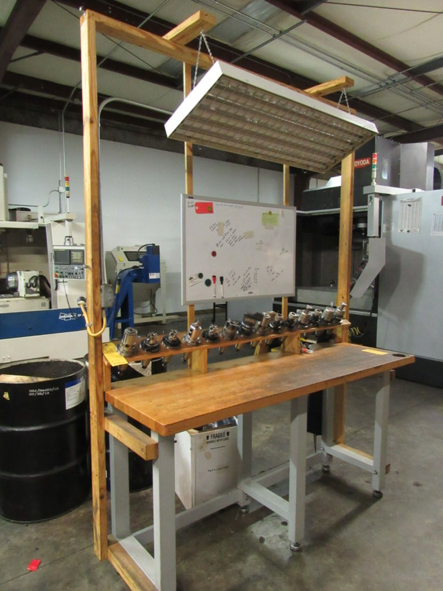 Machinist's Work Station, 25" x 72" x 38-1/2" high wooden table, 14 tool holding stations, white - Image 3 of 3